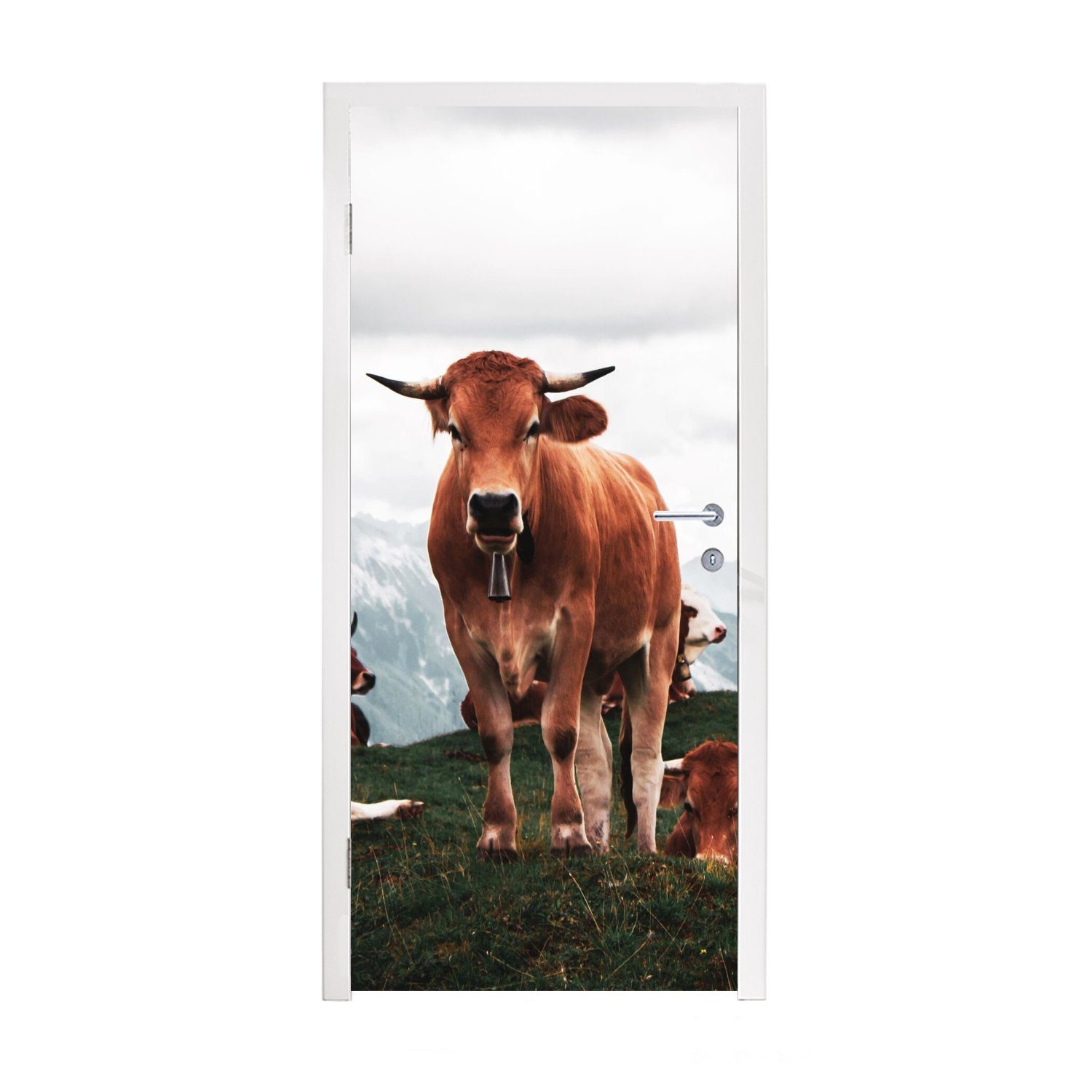 MuchoWow Türtapete Tiere - Kuh - Berg, Matt, bedruckt, (1 St), Fototapete für Tür, Türaufkleber, 75x205 cm