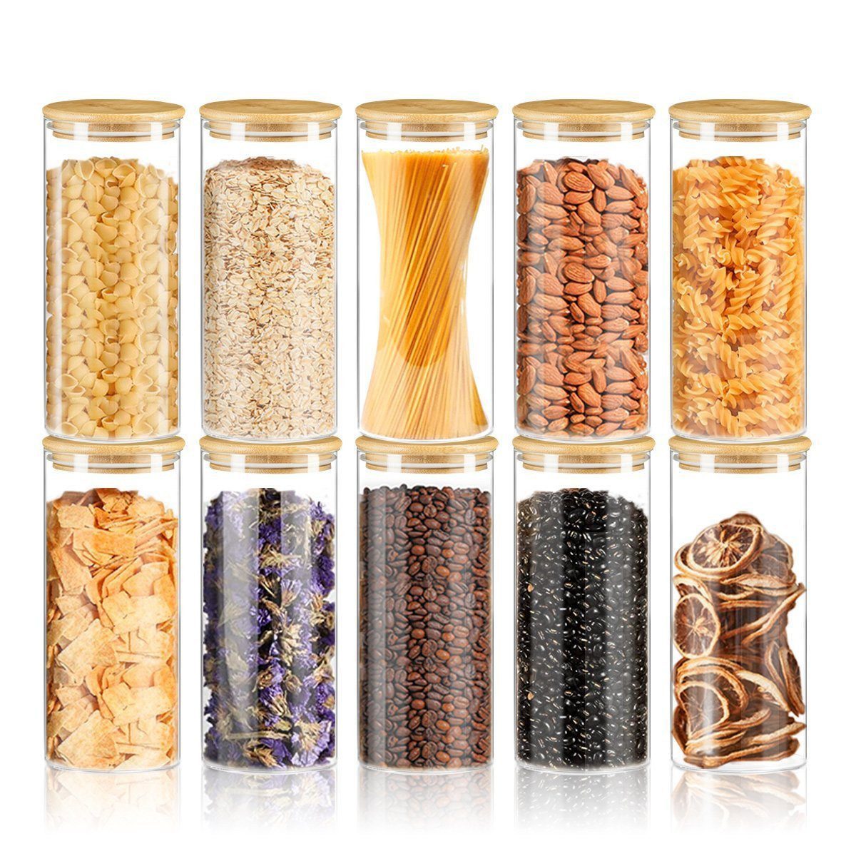 ibettertec Vorratsglas Vorratsglas Gewürzbehälter Set Vorratsdosen Set Ø 8.5 cm x 20 cm, (10-tlg), 1000ml Aufbewahrung Küche Lebensmittel aus Glas mit Bambusdeckel