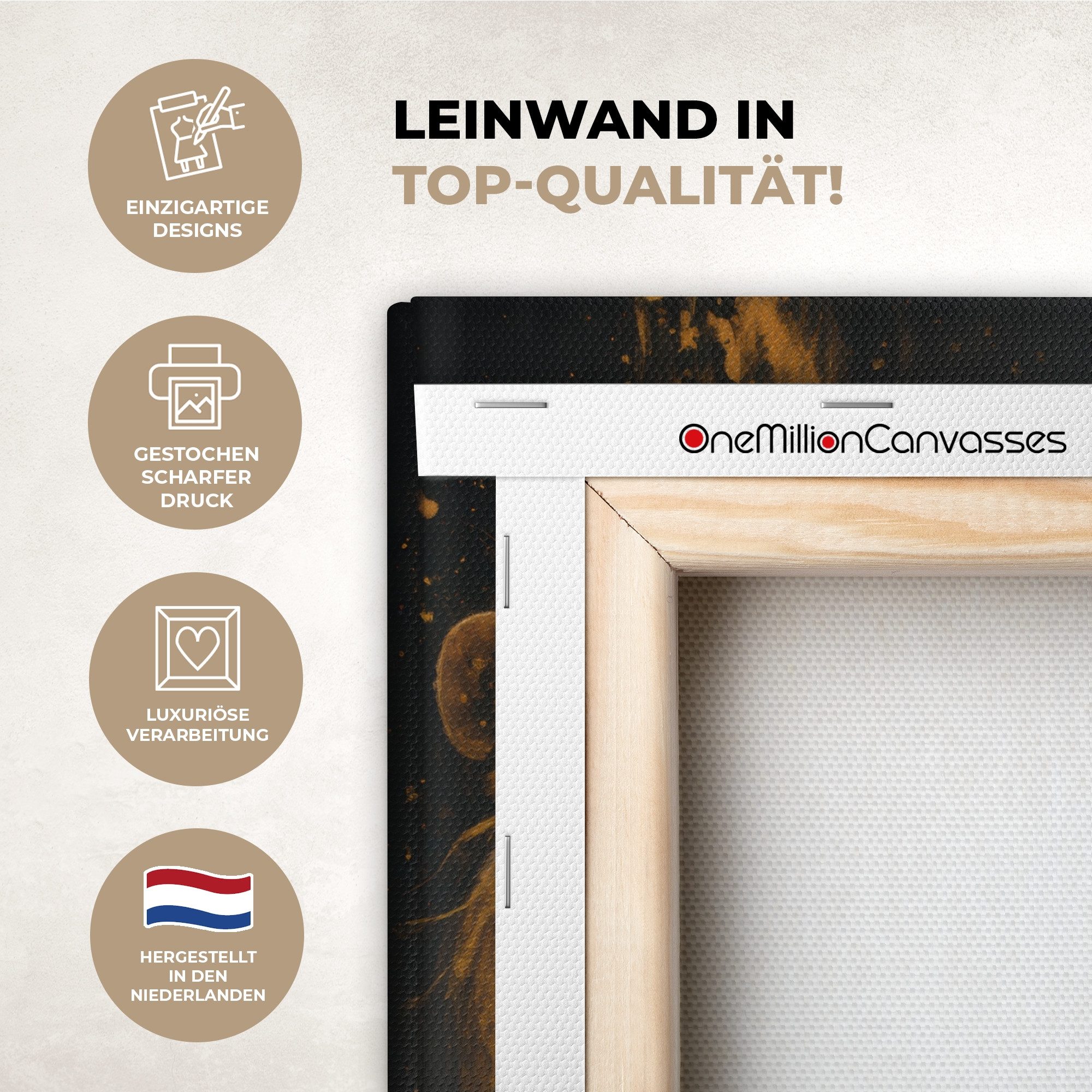 OneMillionCanvasses® Leinwandbild Löwe - Gold - Drops, Fotodruck (1 St), Leinwand Canvas Wandbild, Wanddekoration 20x30 cm