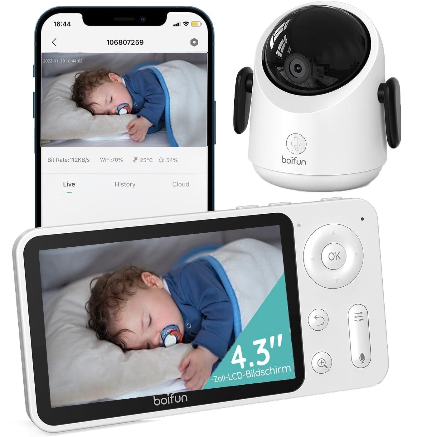 Video-Babyphone WLAN Babyphone mit Kamera 4,3 Zoll 2MP HD Video Babyfon mit App