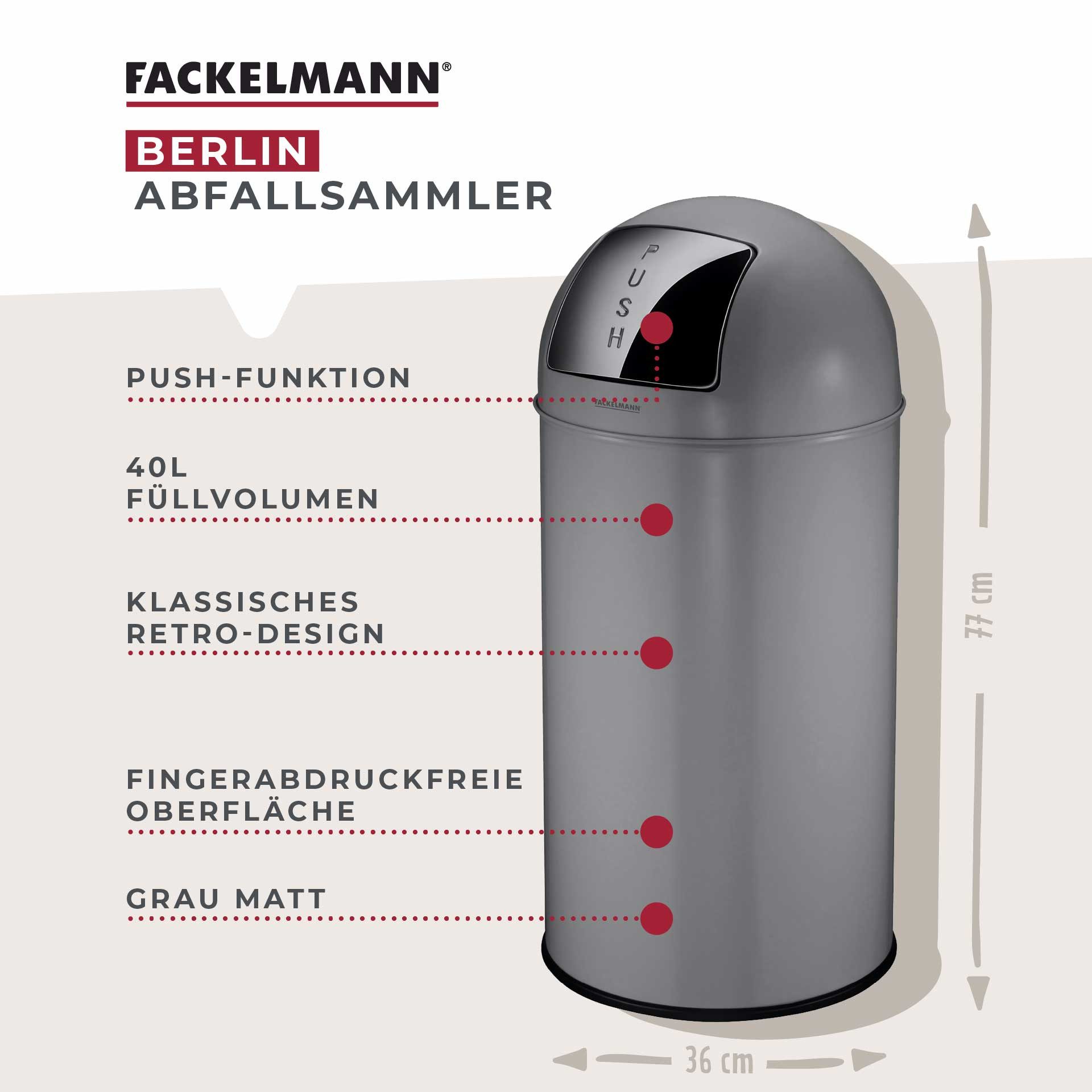 FACKELMANN Mülleimer BERLIN, Push Abfalleimer 40L, Retro-Design, großes Fassungsvolumen, lackiertes Edelstahlgehäuse