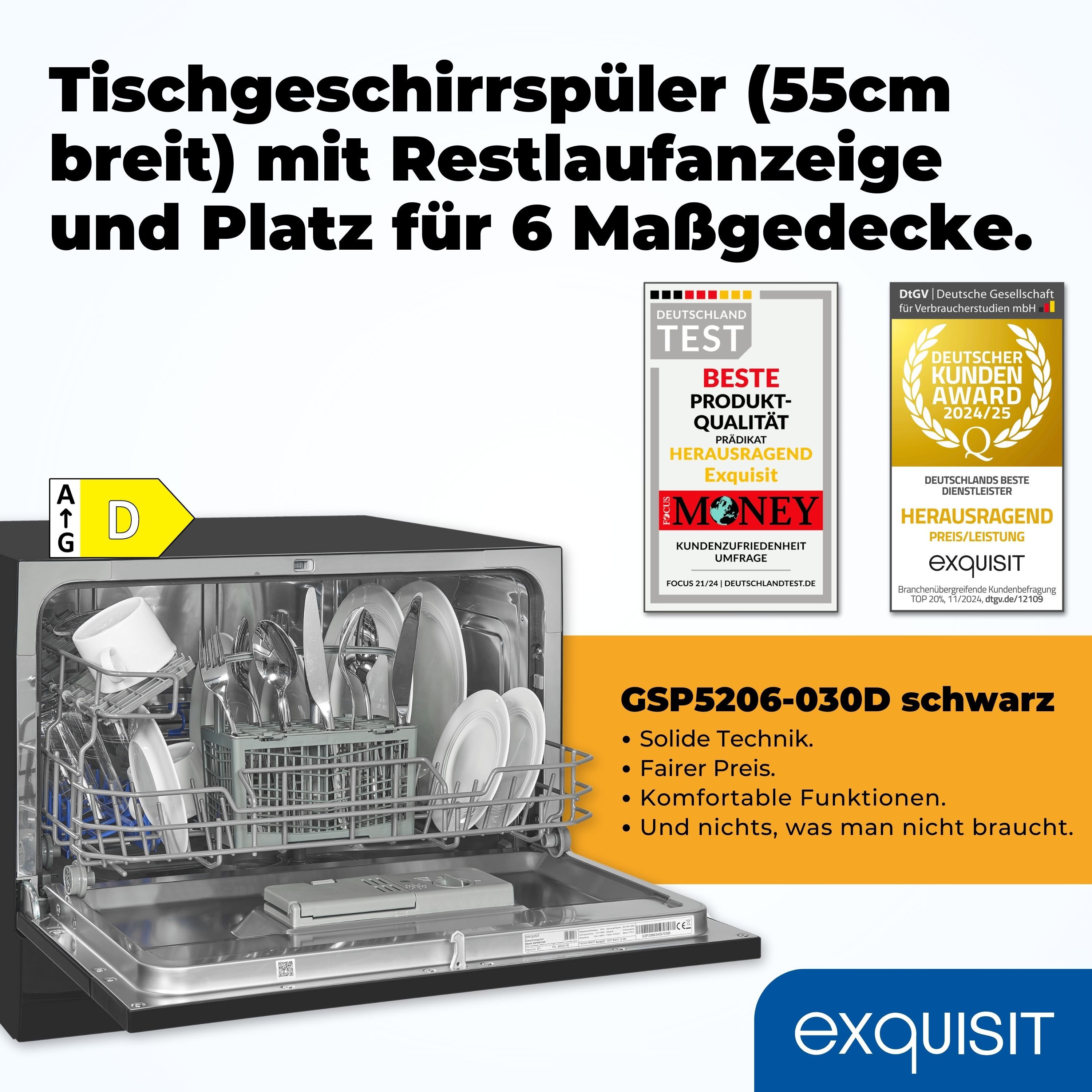 exquisit Tischgeschirrspüler GSP5206-030D, 6.5 l, 6 Maßgedecke, 6 Maßgedecke, 6,5 Liter, Auto-Door-Open, Startzeitvorwahl, LED-Display