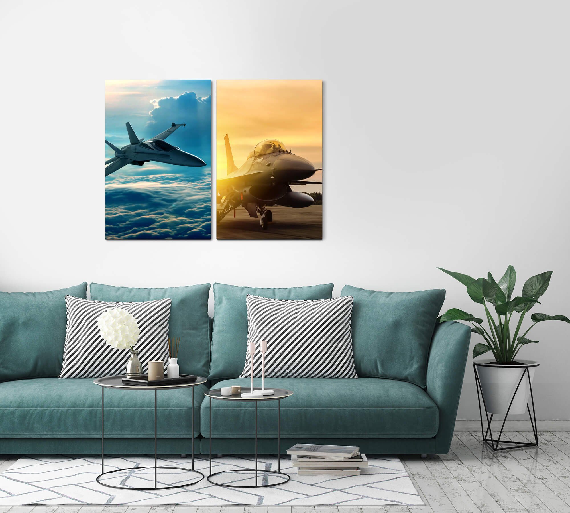 Sinus Art Leinwandbild 2 Bilder je 60x90cm Eurofighter Düsenjet Militär Kampfpilot Wolken Fliegen Flugzeug