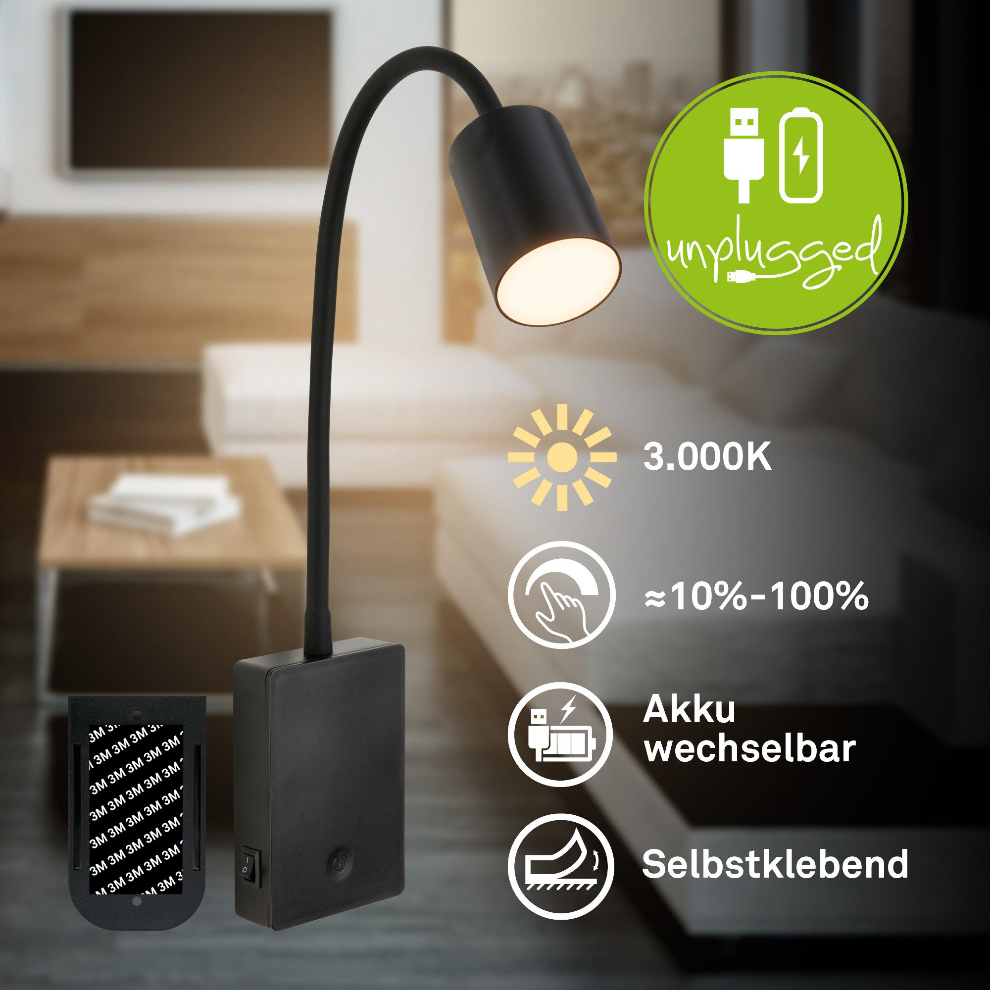 Briloner Leuchten LED Nachttischlampe Wandlampe kabellos Leselampe Akku Touch Dimmbar USB-C Schlafzimmer, LED fest integriert, 3000K, 7x51x4,5 cm, Schlafzimmer, Kinderzimmer