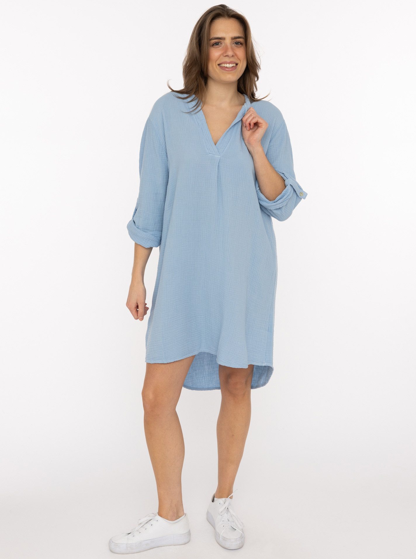 Zwillingsherz Schlupfbluse "Rom" verlängerte Rückenpartie, V-Neck, Turn-Up Ärmel, Musselin