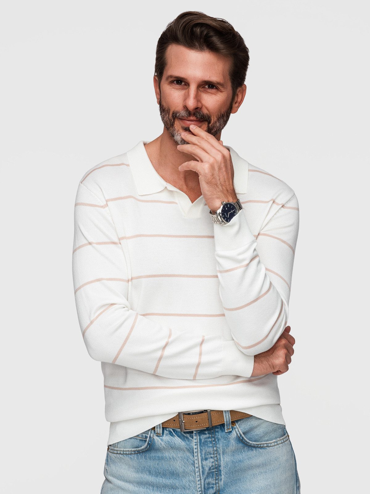 OMBRE Langarm-Poloshirt Horizontal gestreiftes Herren-Polo-Longsleeve mit V günstig online kaufen
