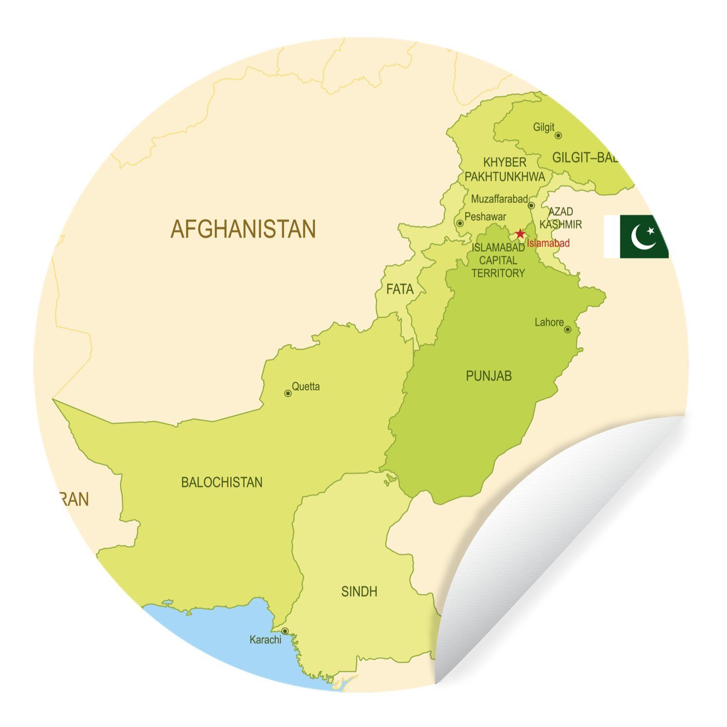 MuchoWow Wandsticker Illustration der Karte Pakistan Wohnzimmer und von seinen Tapetenkreis (1 Tapetenaufkleber, für St), Provinzen Kinderzimmer, Rund