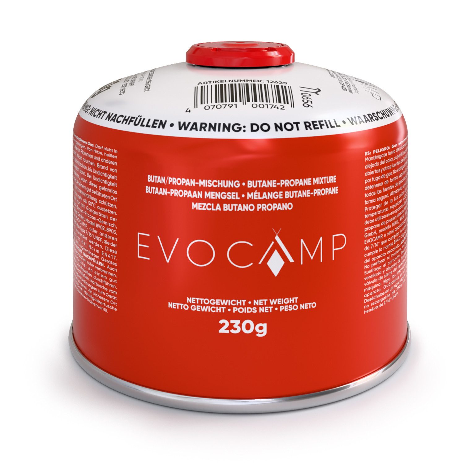 EVOCAMP Gaskartusche 230g mit Schraubventil, 7/16 Gewinde, Butan-Propan-Gas, Zubehör für Weber Grills Q100-1200-Serien, Campingkocher, Gasgrill, 1 St.