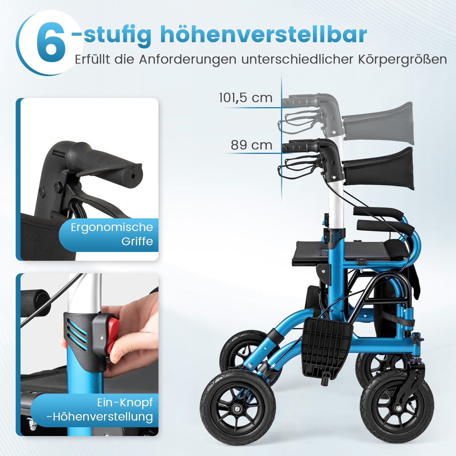 COSTWAY Rollator, mit Luftbereifung & faltbar, Aluminium, bis 140 kg