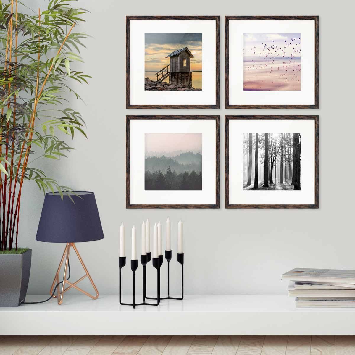 PHOTOLINI Bilderrahmen Sets quadratisch 30x30 cm aus MDF Holz mit Acrylglas & Zubehör, für 4 Bilder (4er Set), 4er Set Eiche Dunkel mit Passepartouts für Bilder – Bild 4 von 5