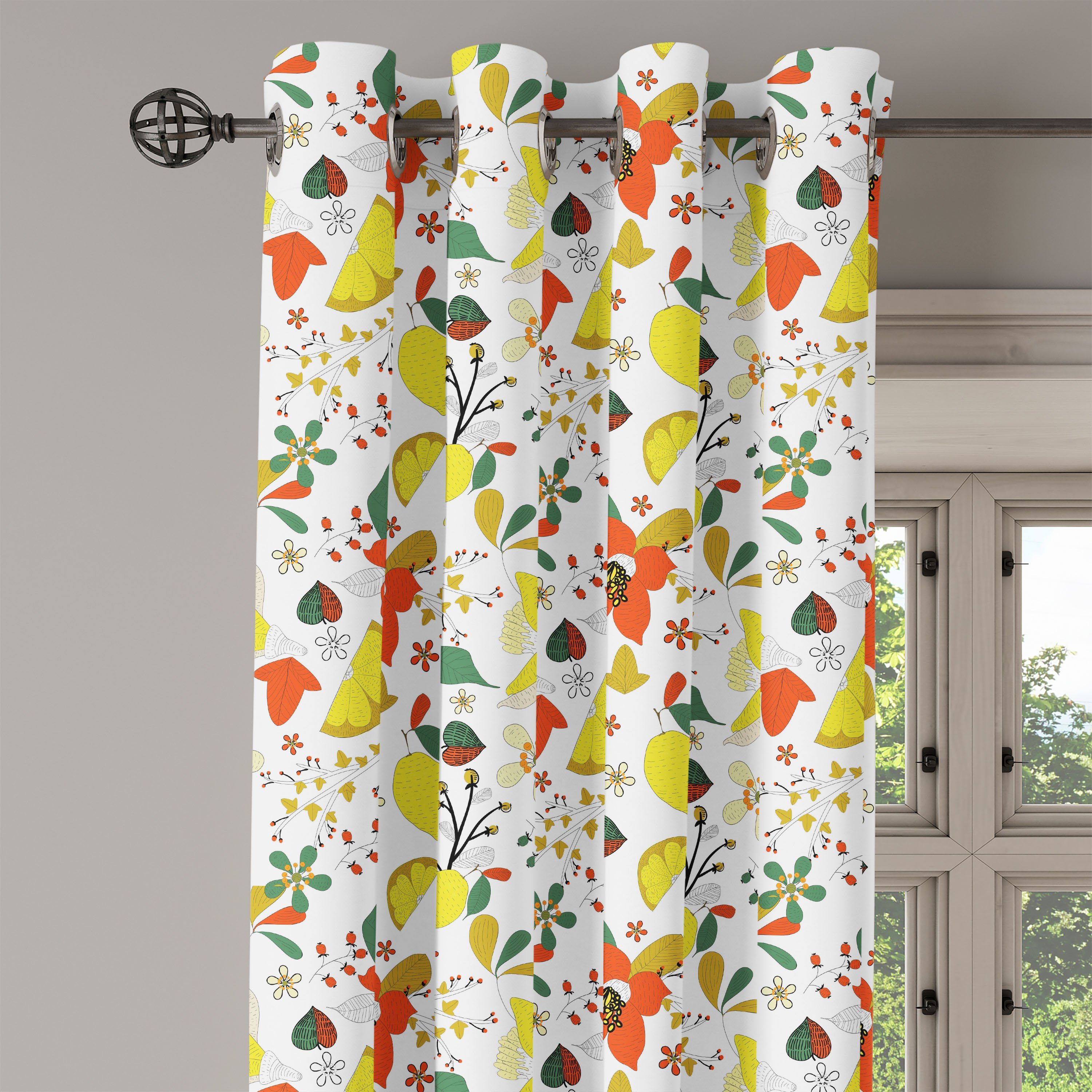 Gardine Dekorative Abakuhaus, Frühlings-Zitronen-Blätter 2-Panel-Fenstervorhänge für Blumen Schlafzimmer Wohnzimmer