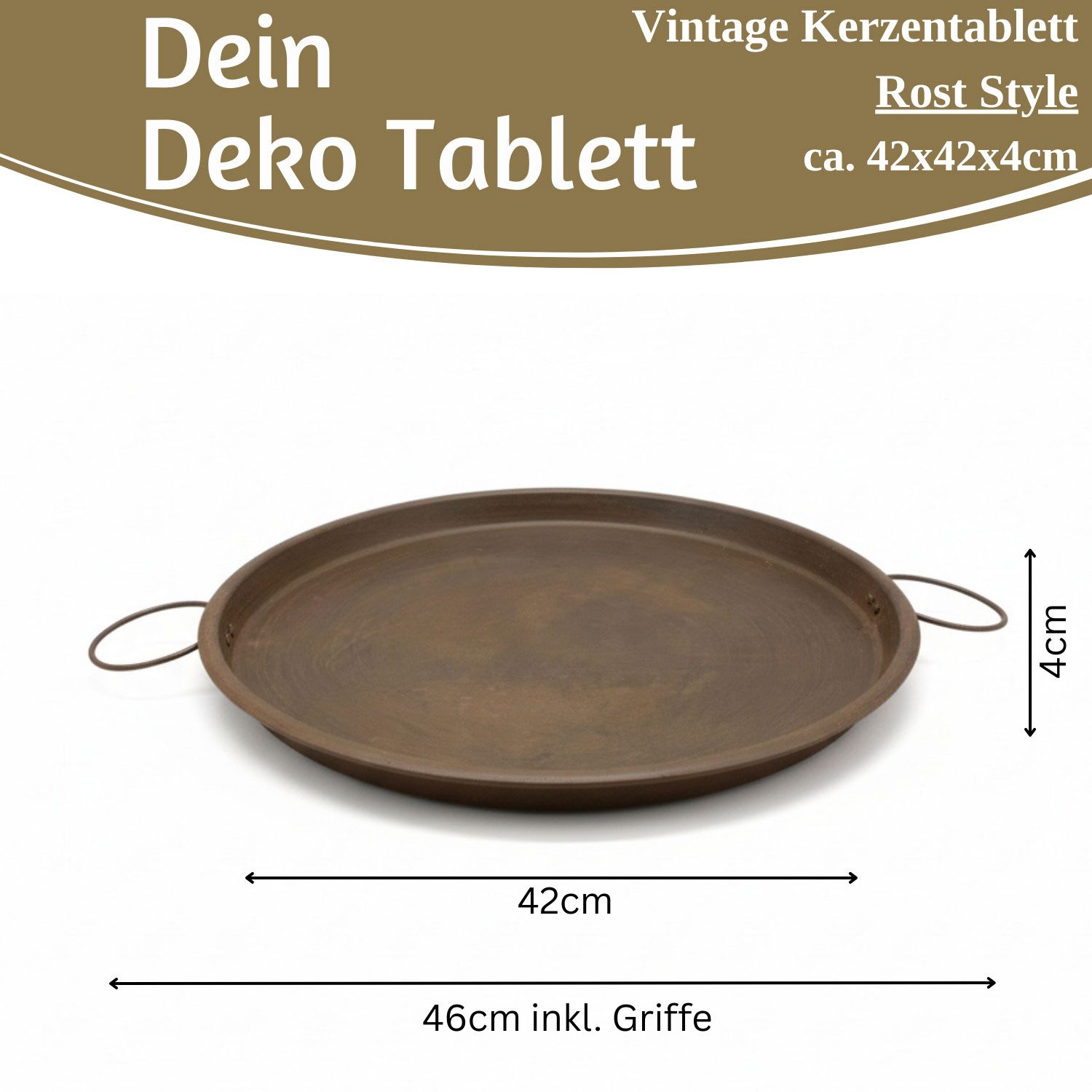 LS-LebenStil Tablett XL Eisen Deko Tablett Serviertablett Dehli 42cm Kerzenteller, Metall, (Tragegriffe - Rost Braun Eisen Tablett Kerzenteller Kerzentablett 2 Griffe, 1-tlg., Küchentablett Deko Schale Teetablett Geschirr Getränke Serviertablett), Deko Schale Teller