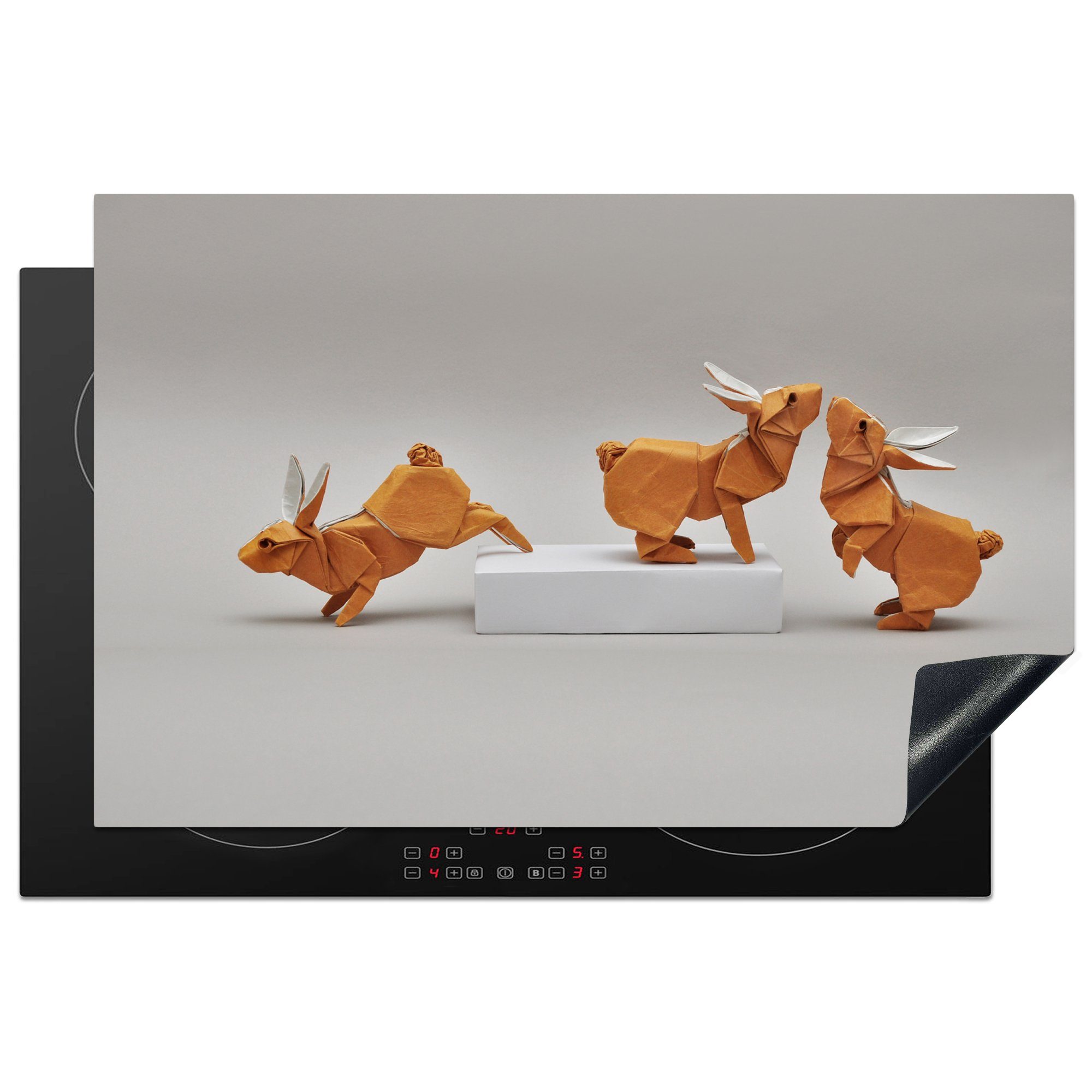 MuchoWow Herdblende-/Abdeckplatte Papierkunst Kaninchen, Vinyl, (1 tlg), 81x52 cm, Induktionskochfeld Schutz für die küche, Ceranfeldabdeckung