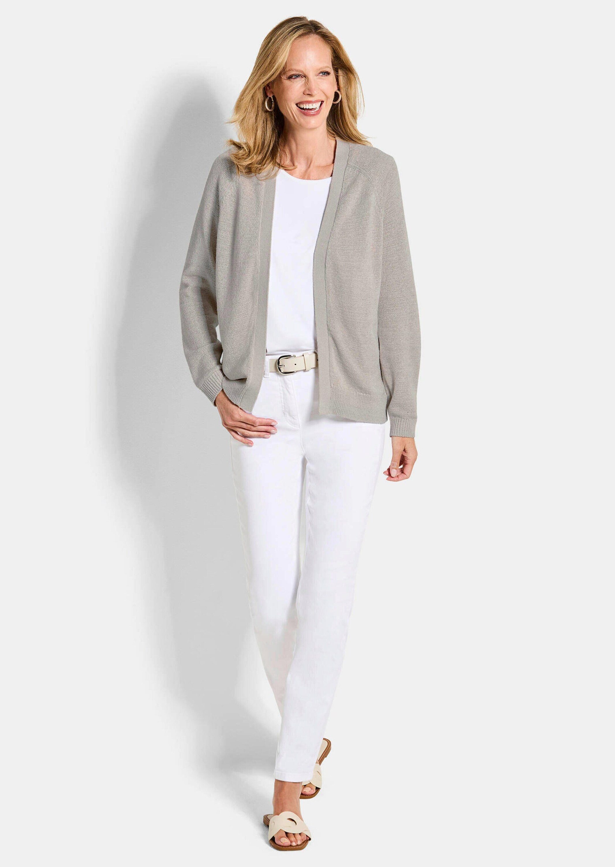 GOLDNER Strickjacke Strickjacke mit Strickbandblende Kurzjacke ohne Verschluss mit gerippten Abschlüssen und Langarm
