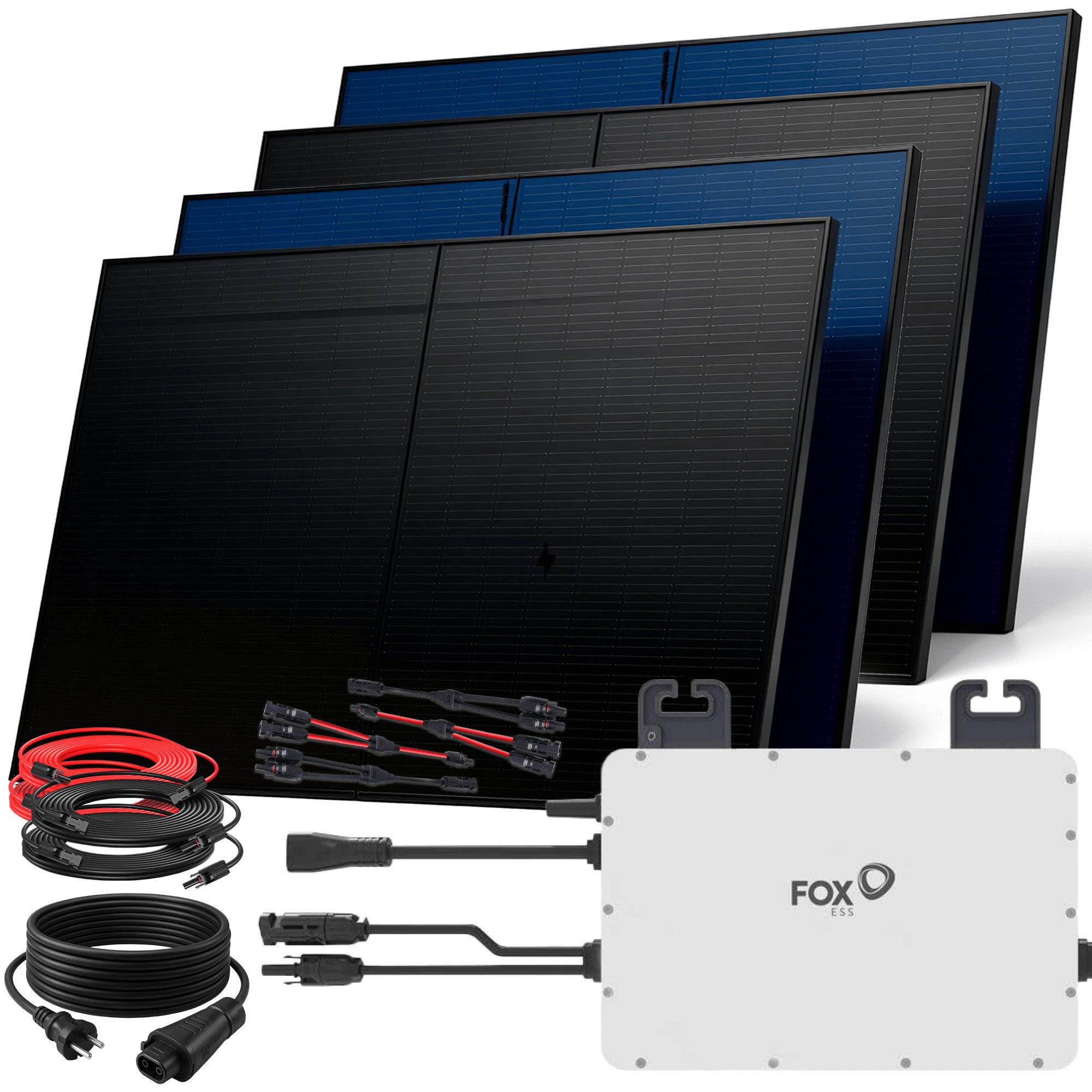 SUNNIVA Balkonkraftwerk 2000W BIFAZIAL FULLBLACK komplett Steckdose, (FOX ESS 800W Wechselrichter, PV Solaranlage, 4x 500W Glas-Glas Сонячні панелі, inkl. 5m Kabel, Bluetooth WIFI, Komplettset)