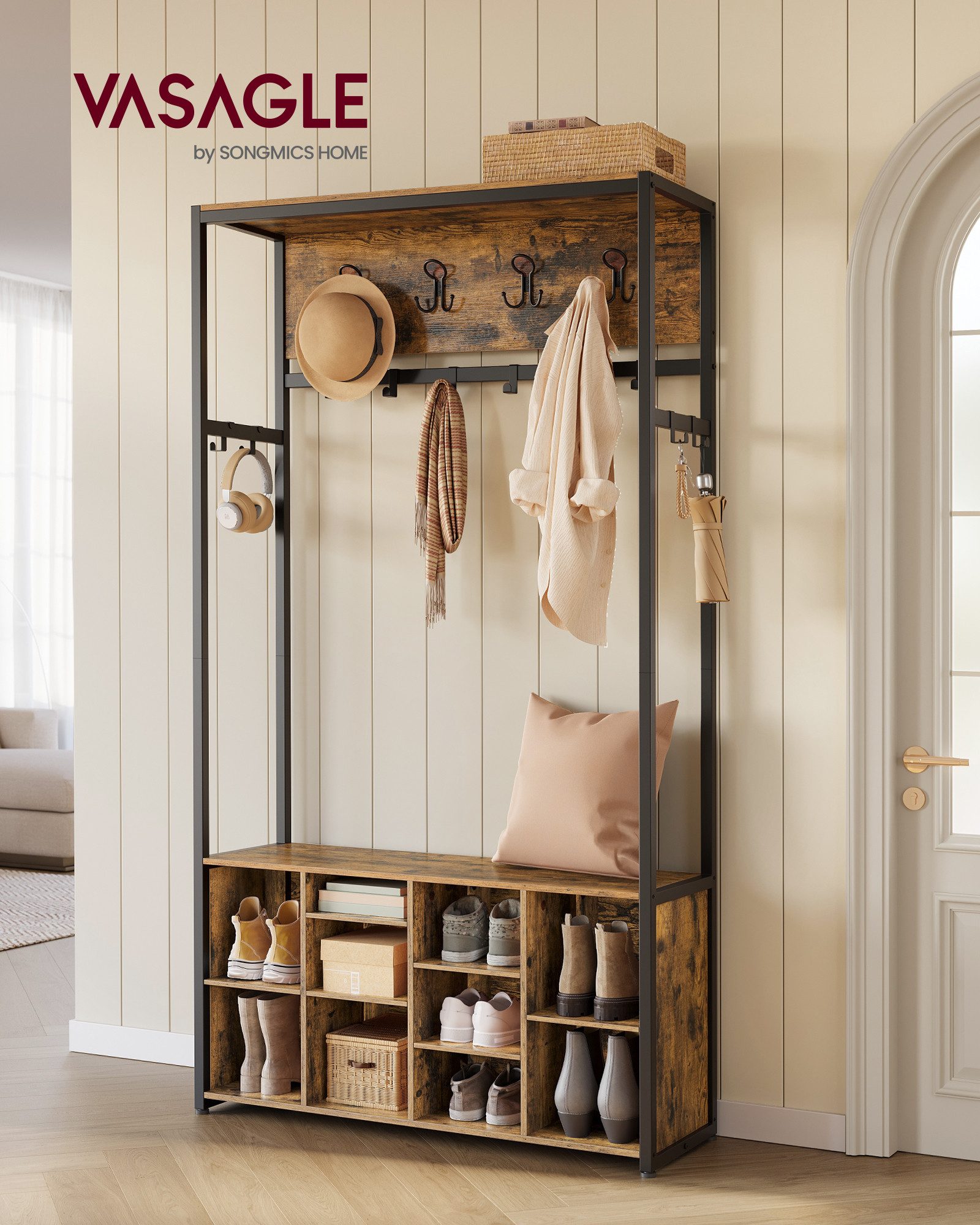 VASAGLE Garderobenständer Garderobe, Kleiderständer, Garderobe, Eingangsmöbel mit Schuhregal, offene Fächer