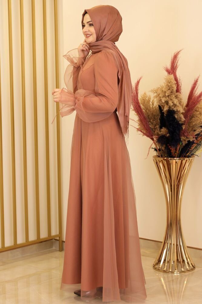 Modavitrini Abendkleid Abiye Kleid Maxikleid mit Camel Gürtel Mode langärmliges Abaya Hijab Damen