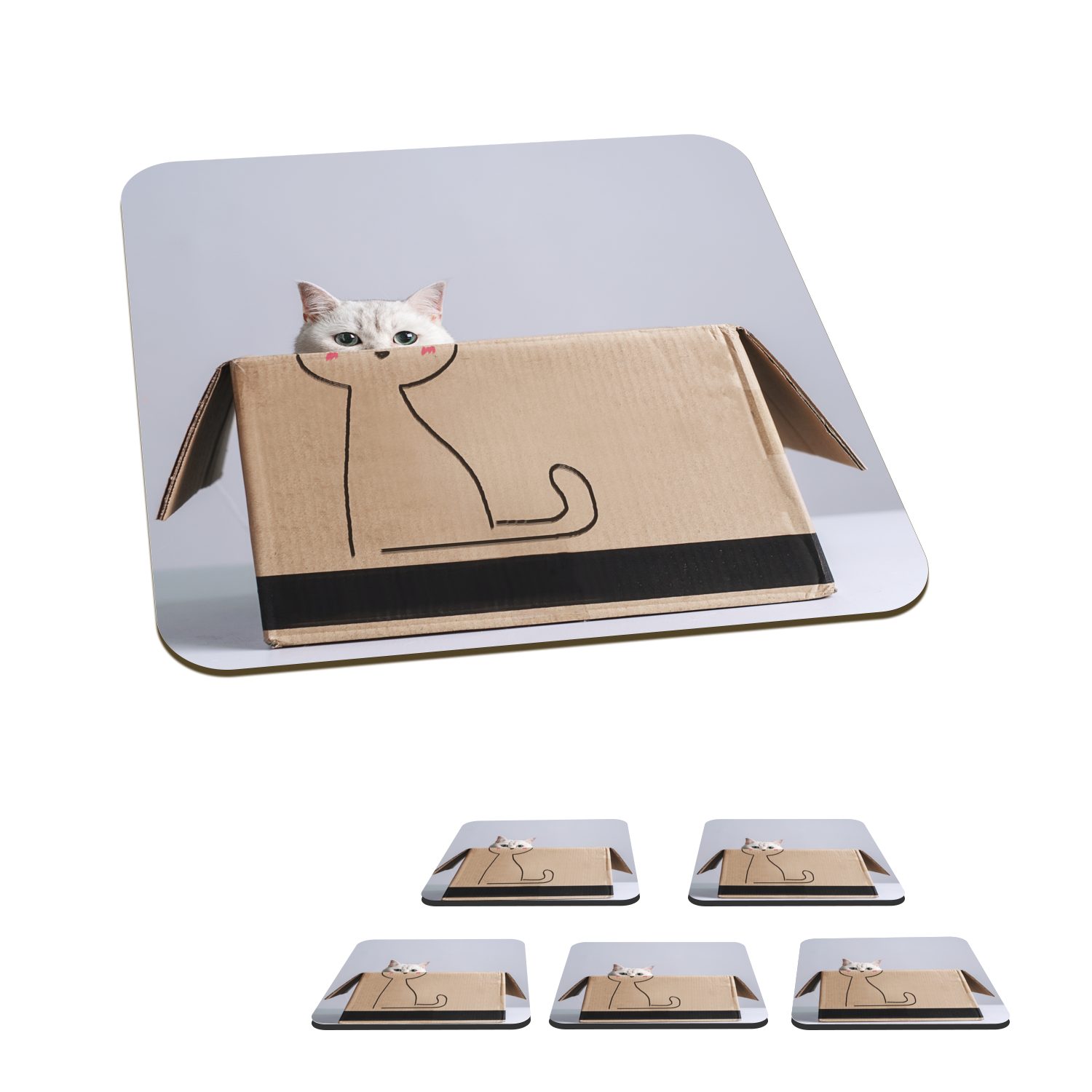 MuchoWow Glasuntersetzer Katze in Pappkarton mit darauf gezeichnetem Katzenkörper, Zubehör für Gläser, 6-tlg., Glasuntersetzer, Tischuntersetzer, Korkuntersetzer, Untersetzer, Tasse