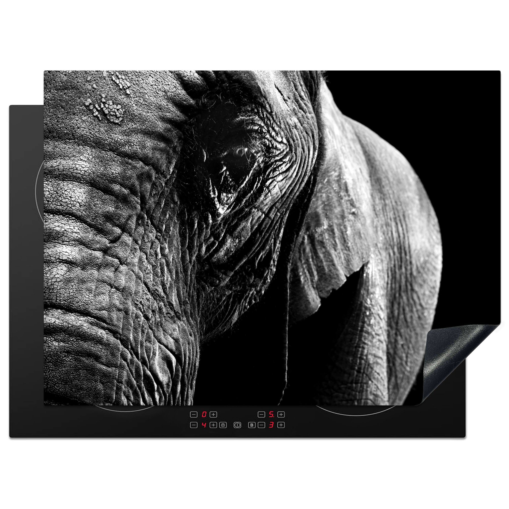 MuchoWow Herdblende-/Abdeckplatte Nahaufnahme eines Elefanten auf einem dunklen Hintergrund - schwarz, Vinyl, (1 tlg), 70x52 cm, Mobile Arbeitsfläche nutzbar, Ceranfeldabdeckung