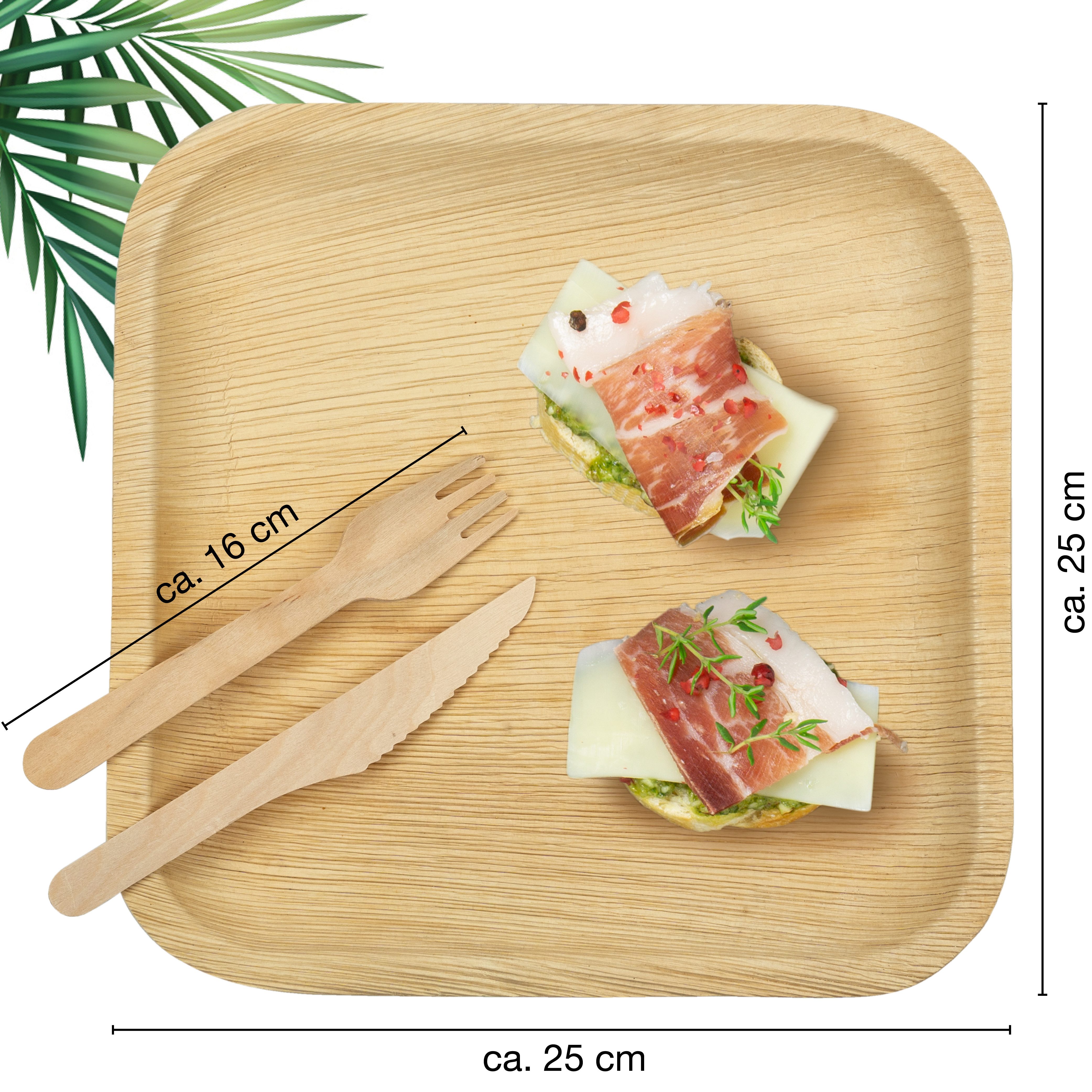 Moritz & Moritz Einweggeschirr-Set 75tlg Palmblatt Geschirr Eckig 25x25cm (75-tlg), 25 Personen, Palmblatt, Birkenholz, Nachhaltiges Einweggeschirr - 25 Teller Einweg - 25 Holzbesteck Einweg