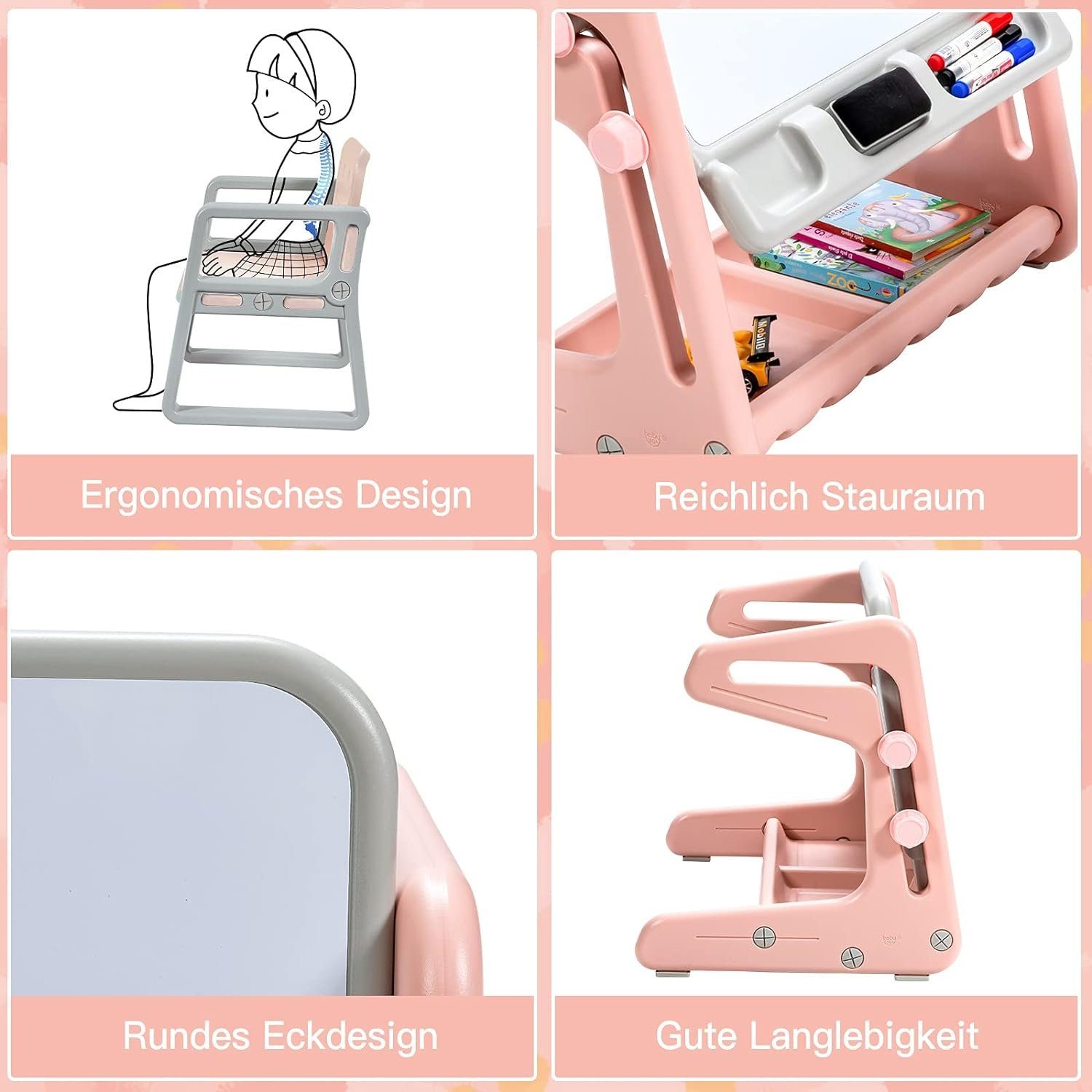 KOMFOTTEU Kinderschreibtisch mit Stuhl (2-St), Stauraum, verstellbarer rosa Zeichentisch mit