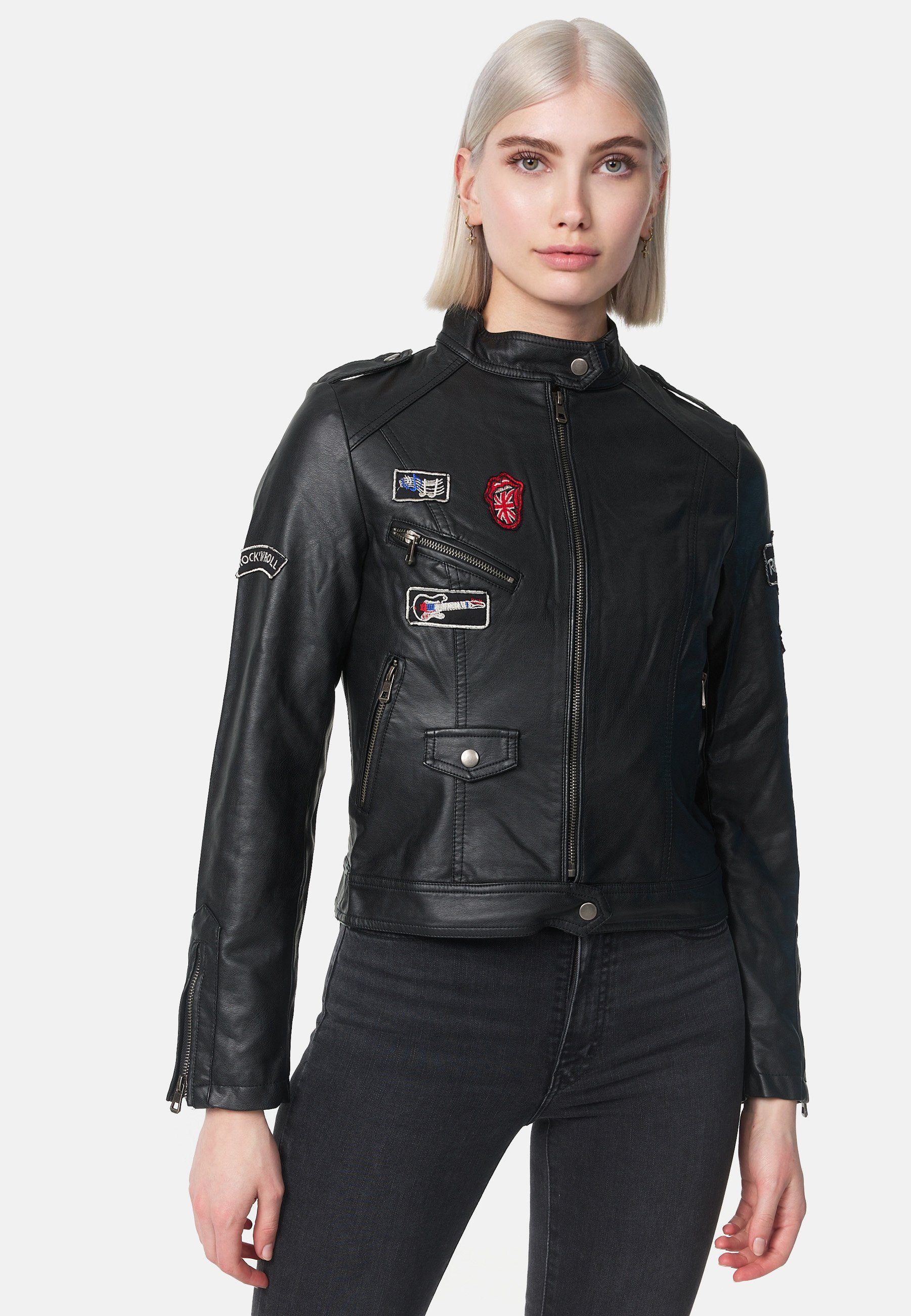 Starshocker Lederimitatjacke SS02 (Vegane Kunstleder Biker Jacke mit Patches) Schwarz