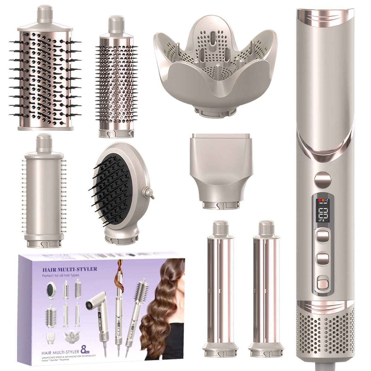 MOPUEA Multihaarstyler Haarstyler 8-in-1 Haarstyler & Haartrockner 110,000 U/min, Mit LCD-Anzeige, klappbarem Griff und sicherem Hitzeschutz
