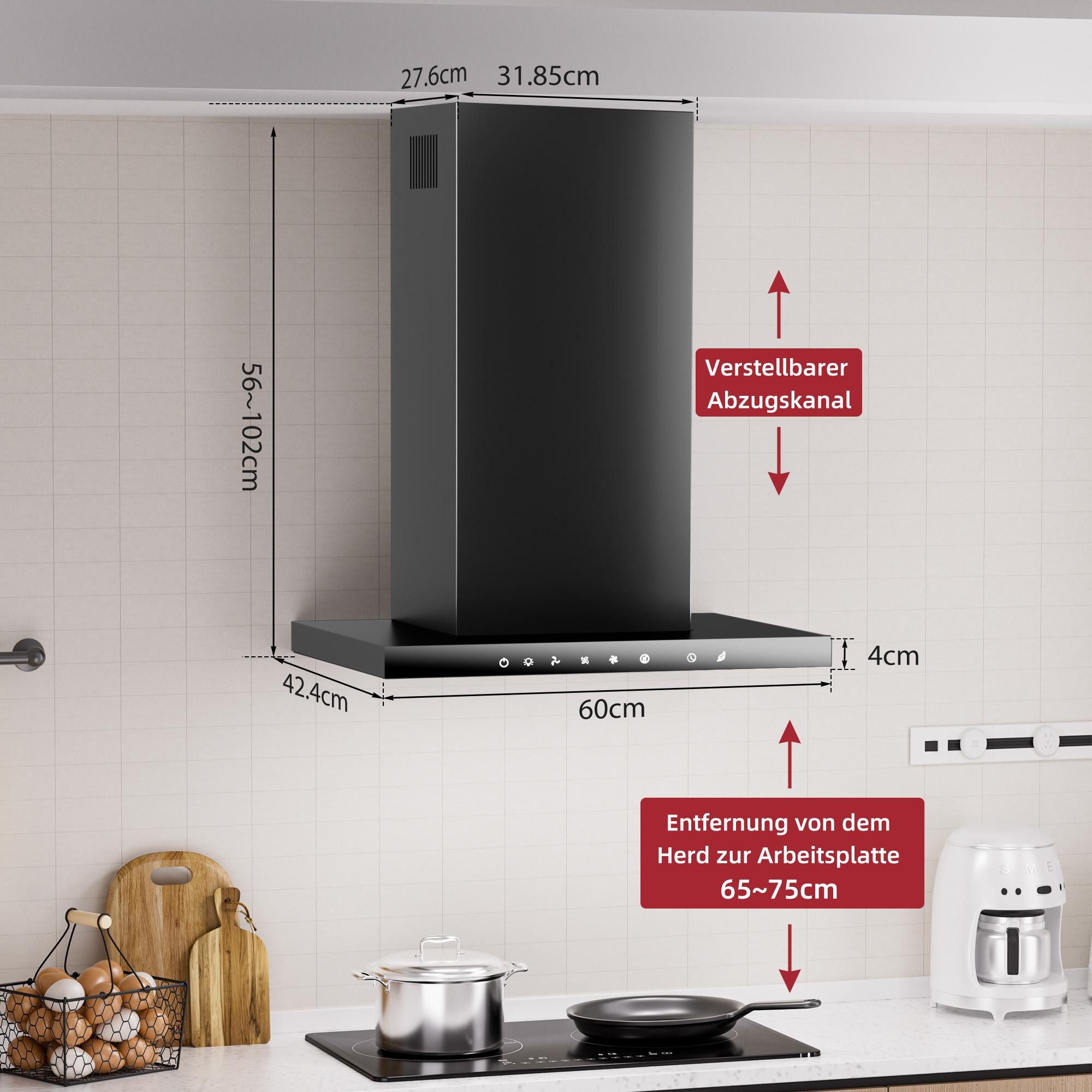 Levivo Wandhaube A+++ Dunstabzugshaube 60cm Umluft & Abluft mit 750 m³/h Aktivkohlefiltern, Fettfiltern, LED-Beleuchtung – Bild 5 von 5