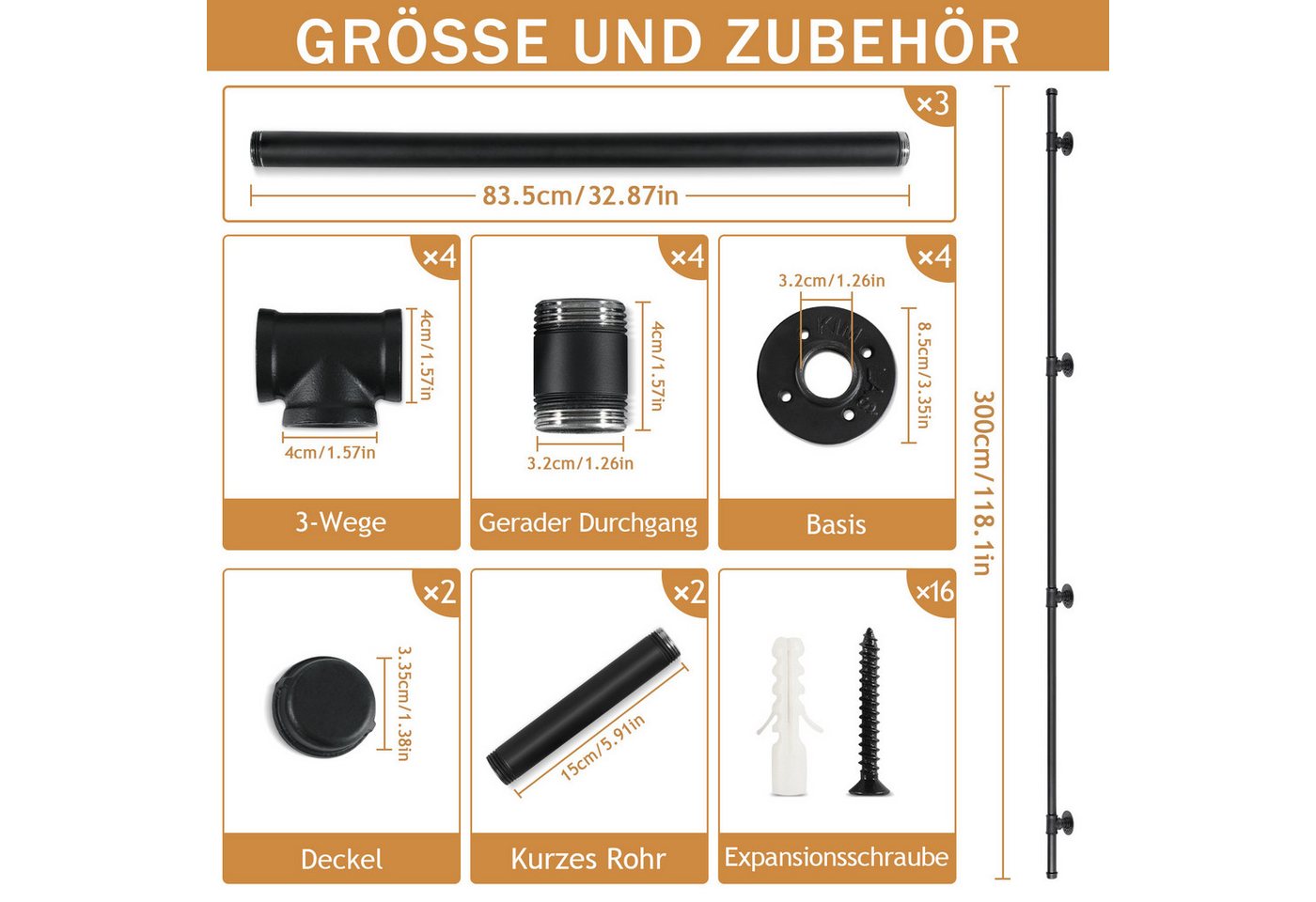 Thumbnail - Clanmacy Treppengeländer Treppengeländer Handläufe für Länge, Handlauf für Dachbodentreppe, 300 cm Länge, 3.2 cm Höhe, 2...