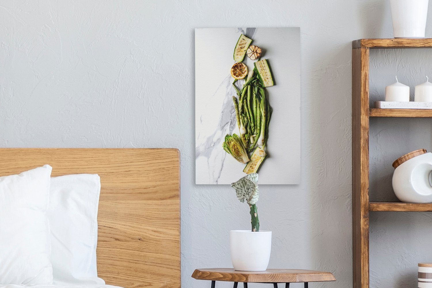 Gemüse gegrilltem Gemälde, inkl. weißem cm Leinwandbild bespannt Draufsicht Zackenaufhänger, fertig St), mit Leinwandbild auf (1 Hintergrund, Essen 20x30 OneMillionCanvasses® auf