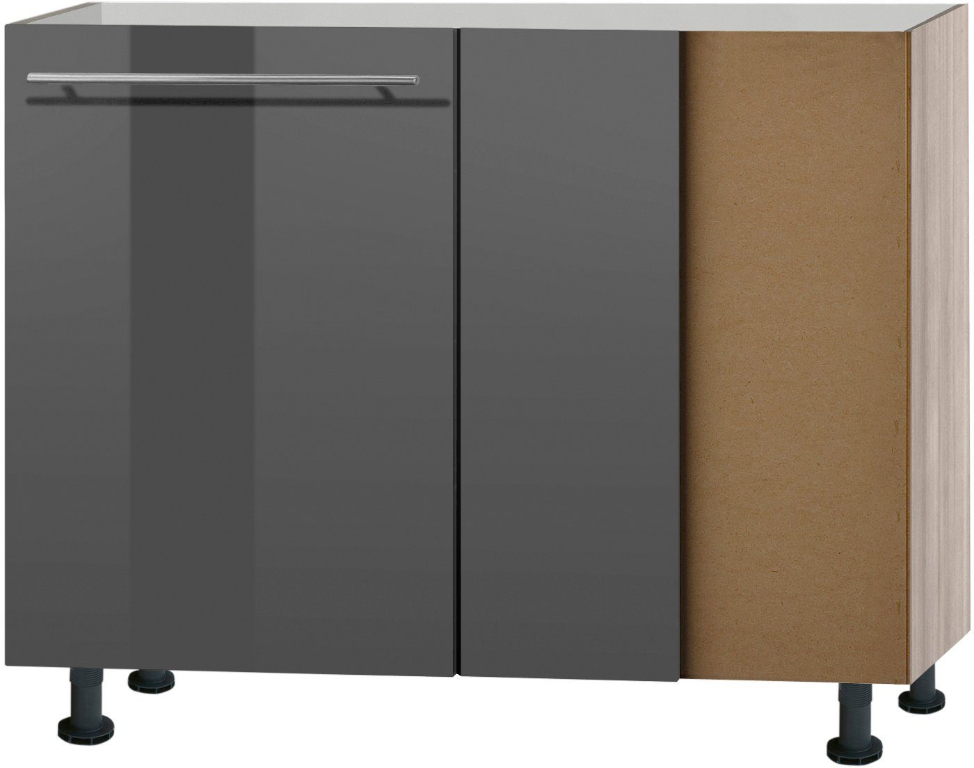 OPTIFIT Eckunterschrank Bern 100 cm breit, mit 1 Tür mit höhenverstellbaren Füßen, mit Metallgriff grau Hochglanz/akaziefarben | akaziefarben