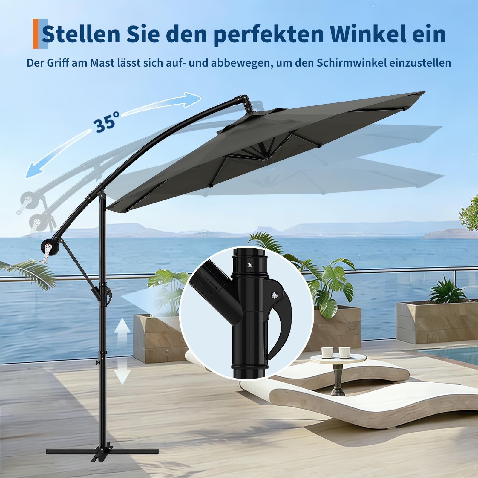 GarveeMore Sonnenschirm 300cm Ampelschirm 360° drehbar Gartenschirm mit Kurbel UV-Schutz 50+, Wasserabweisender Gartenschirm mit Schutzhülle und Ständer für Balkon