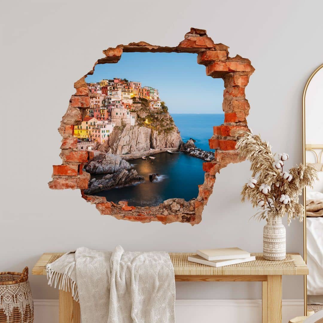 K&L Wall Art Wandtattoo 3D Wandtattoo Aufkleber Colombo Italien Fischerdorf Küste Cinque Terre, Mauerdurchbruch Wandbild selbstklebend