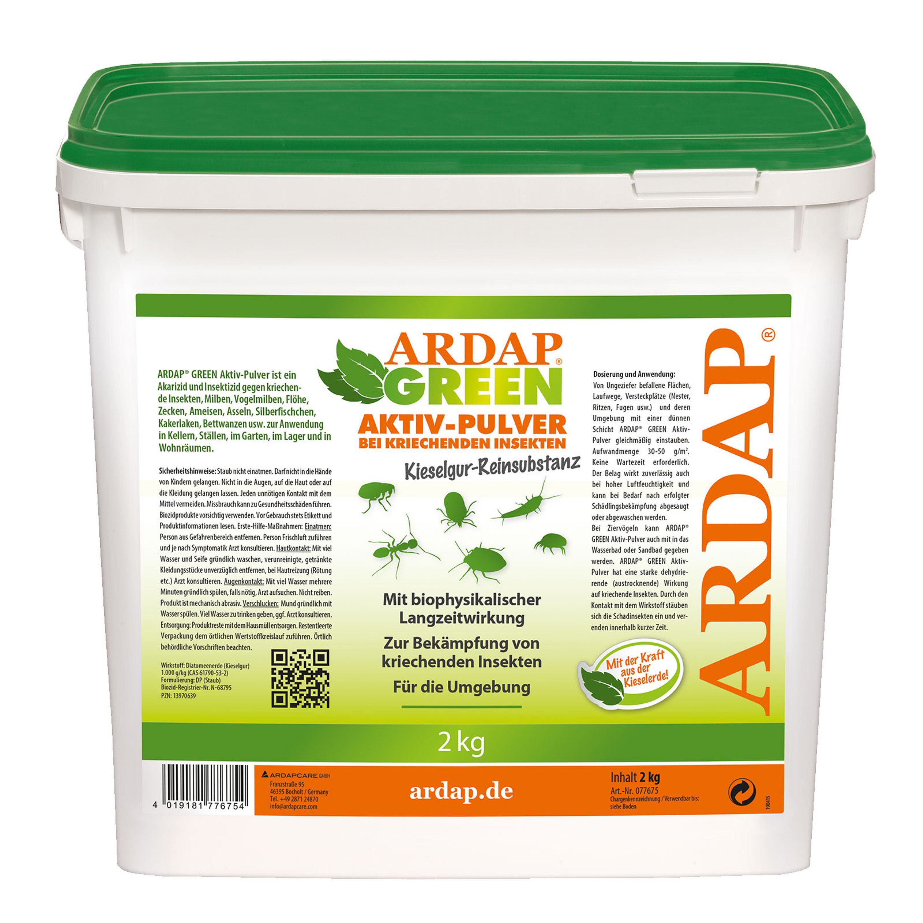 Ardap Insektenspray Ardap Green gegen 10 Aktiv 2 Pulver 100% Kieselgur und kriechende Eimer Liter Vogelmilben / 1 x reine / Insekten Kg