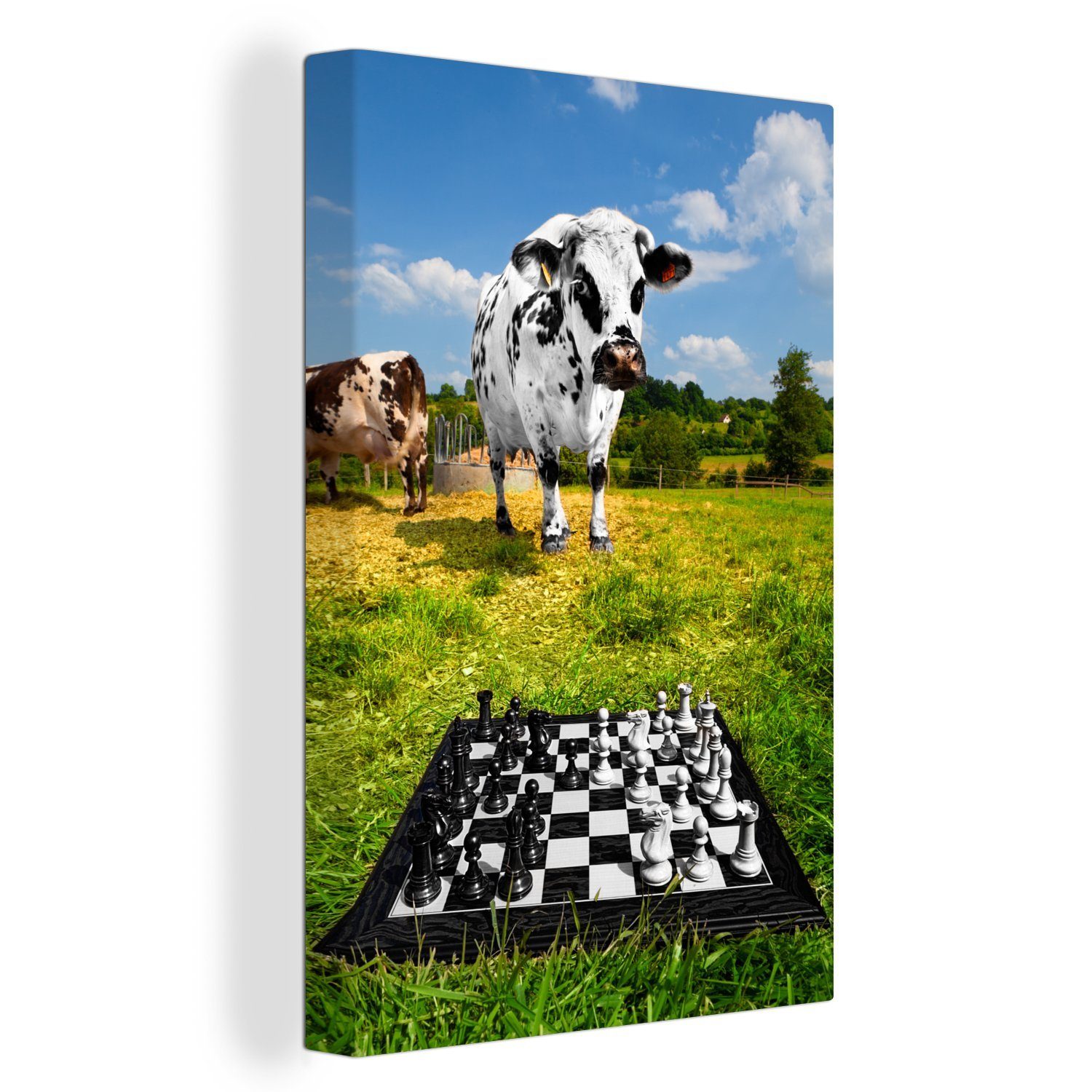 OneMillionCanvasses® Leinwandbild Eine Partie Schach auf der Wiese, (1 St), Leinwandbild fertig bespannt inkl. Zackenaufhänger, Gemälde, 20x30 cm
