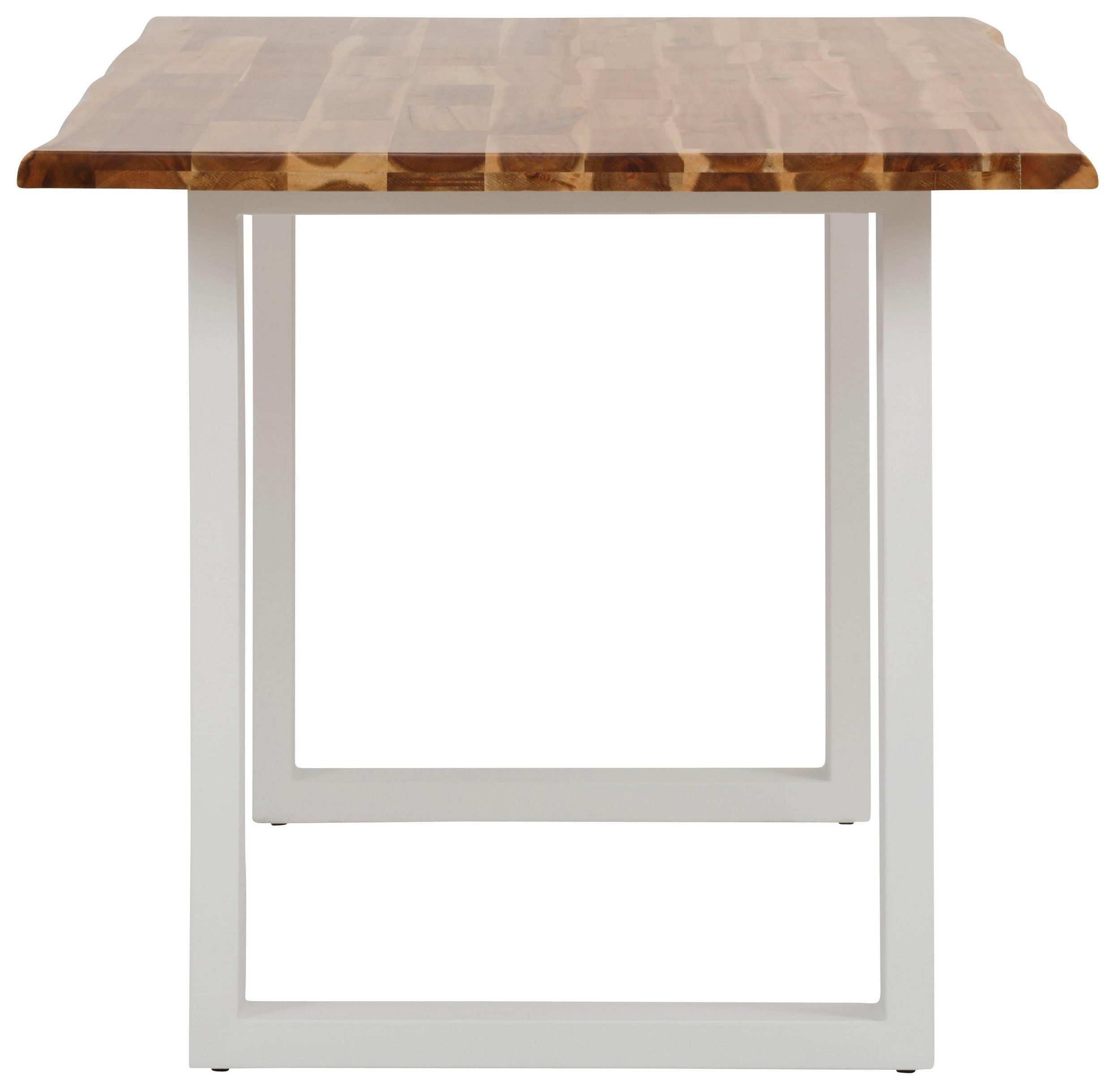 loft24 Esstisch in Metall Look, Kufengestell Tischplatte Akazie aus weiß Baumkanten aus Mangani