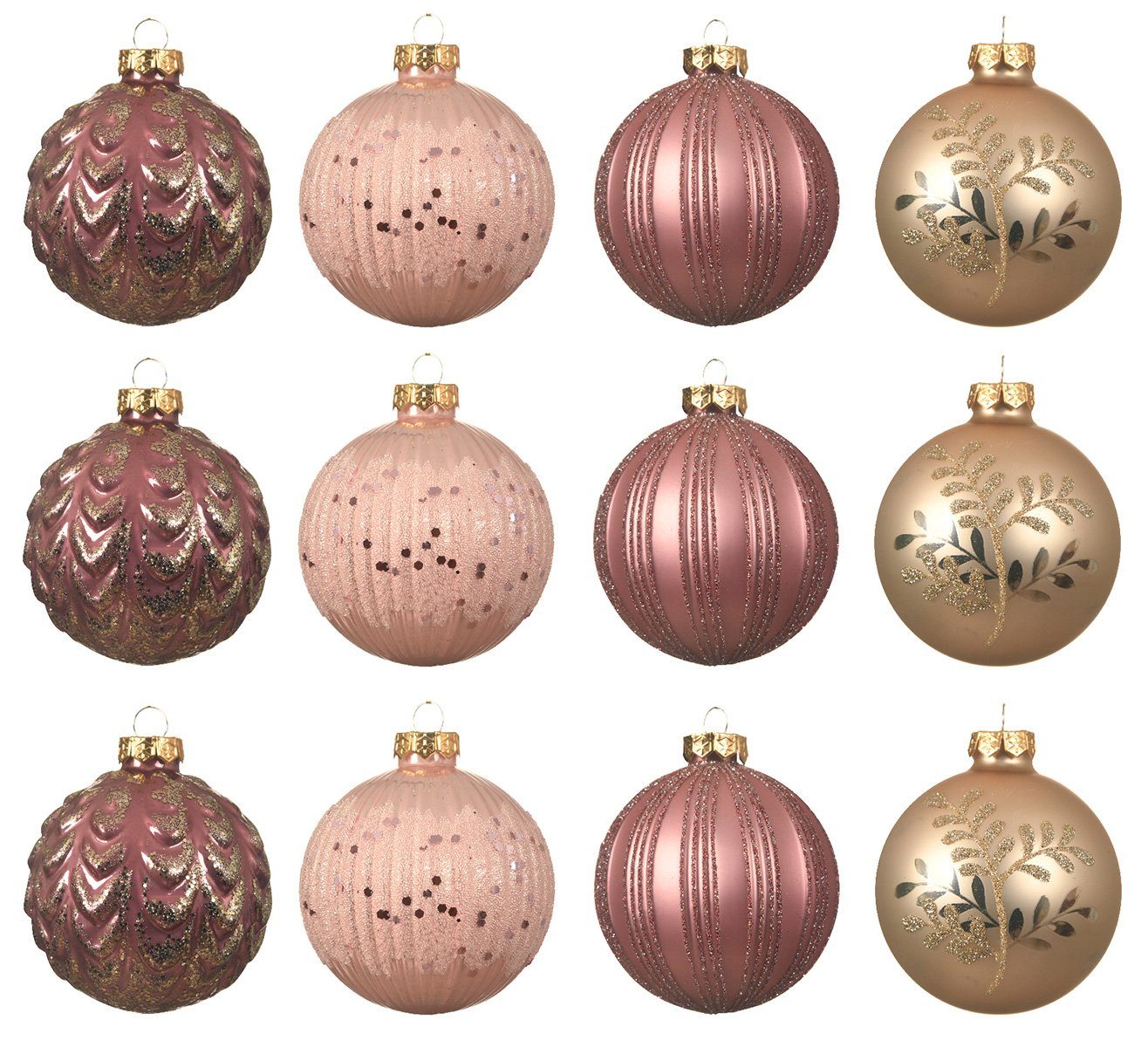 Decoris season decorations Weihnachtsbaumkugel, Weihnachtskugeln Glas 8cm mit Muster / Streifen 12er Set rosa / beige