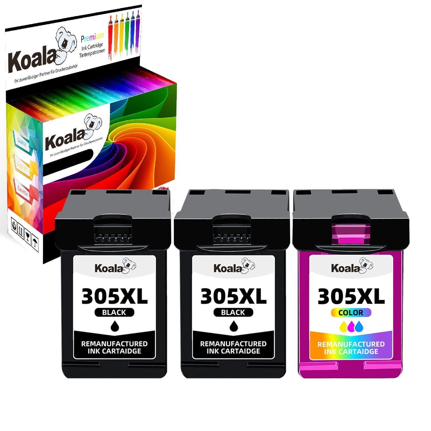 Koala 3ER HP 305XL Schwarz & Farb Druckerpatronen für DeskJet 2710 2720  Tintenpatrone (Packung, HP 305XL DeskJet 2700 2710 2720 2720e ENVY 6020  6030 6032)