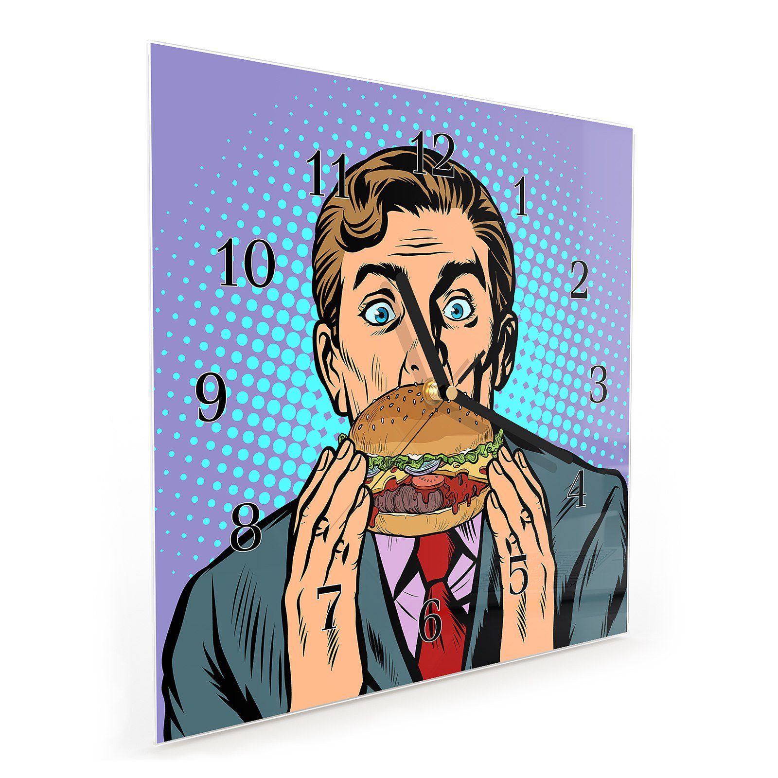 isst Größe Burger Wanduhr Mann Wanduhr cm x 30 mit Primedeco Wandkunst 30 Motiv Glasuhr