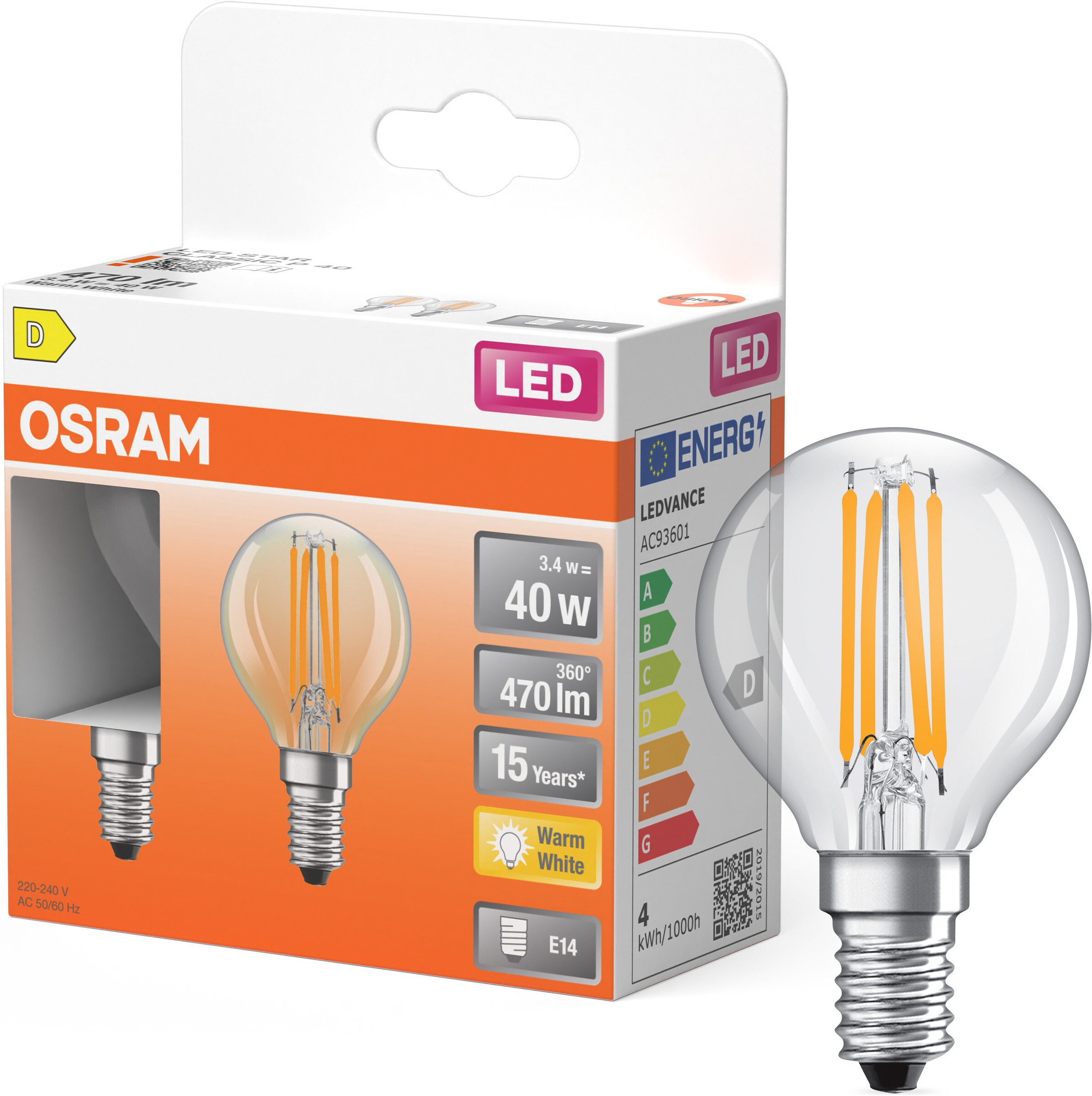 Osram LED-Leuchtmittel LED Retrofit CLASSIC P in P-Form, E14, 2 St., Warmweiß