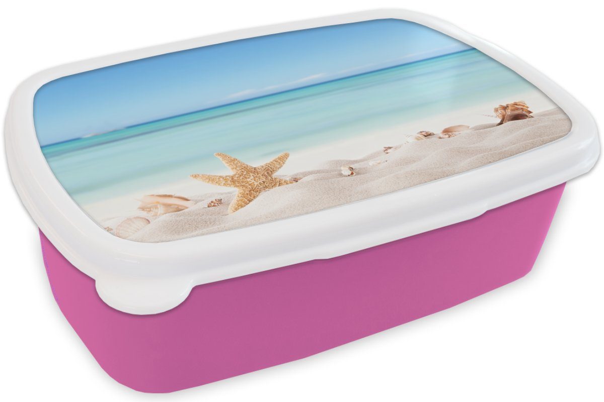 Meer Erwachsene, - für Lunchbox MuchoWow Mädchen, Kinder, Kunststoff, Muscheln Brotdose - Brotbox - Kunststoff Snackbox, (2-tlg), Strand rosa Seesterne,