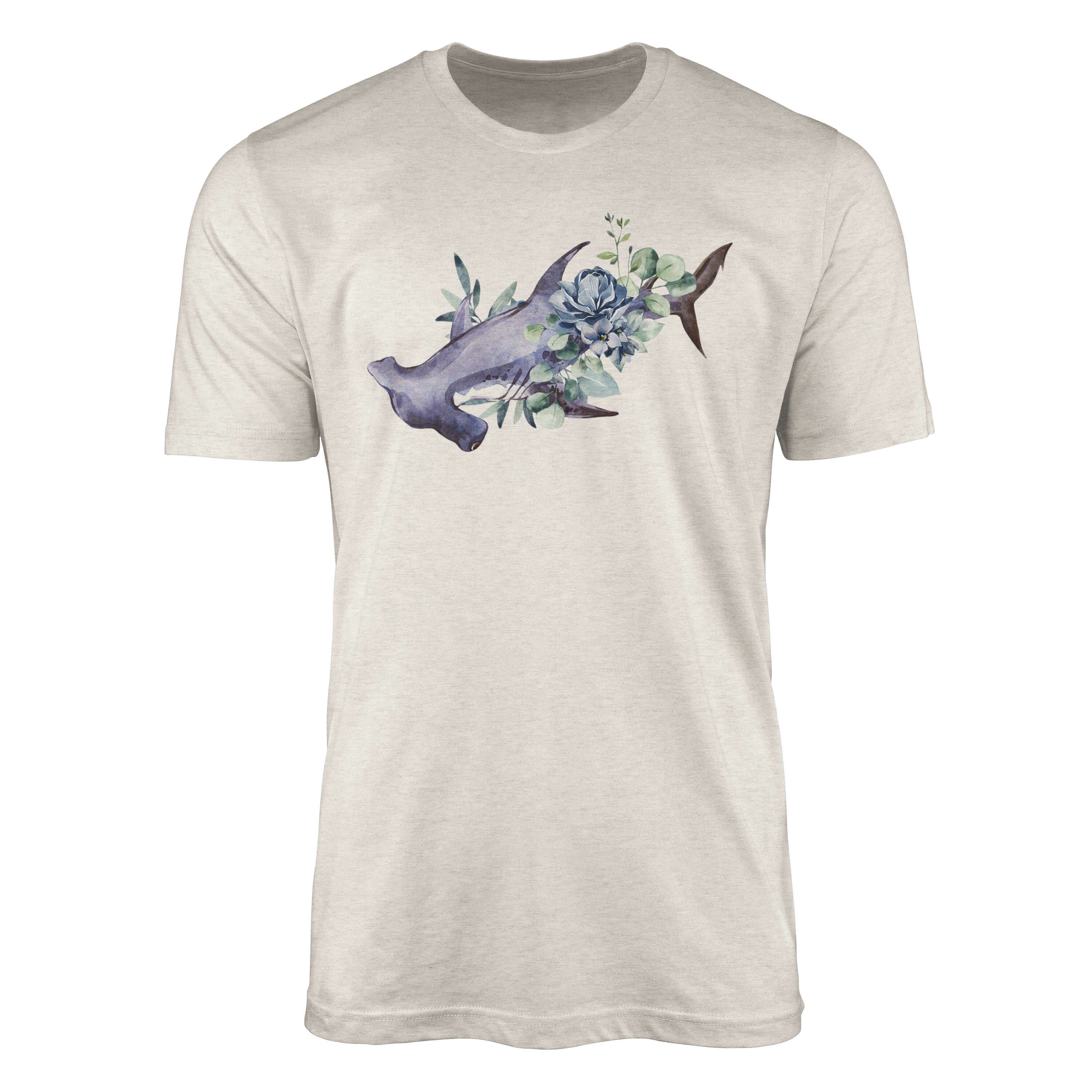 Sinus Art T-Shirt Herren Shirt 100% gekämmte Bio-Baumwolle T-Shirt Hammerhai Blumen Wasserfarben Motiv Nachhaltig Öko (1-tlg)