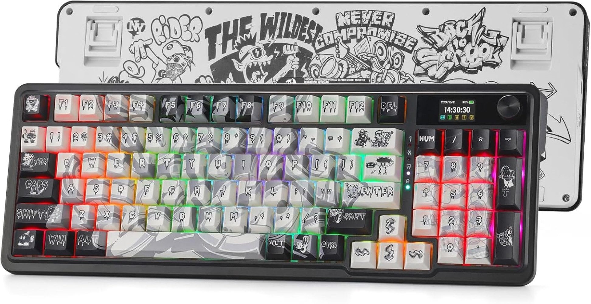 Redragon K719 Mechanische Tastatur, RGB, 2,4 GHz/BT/kabelgebunden Gaming-Tastatur (Litsea-Schalter, Graffiti, mit Bedienfeld)