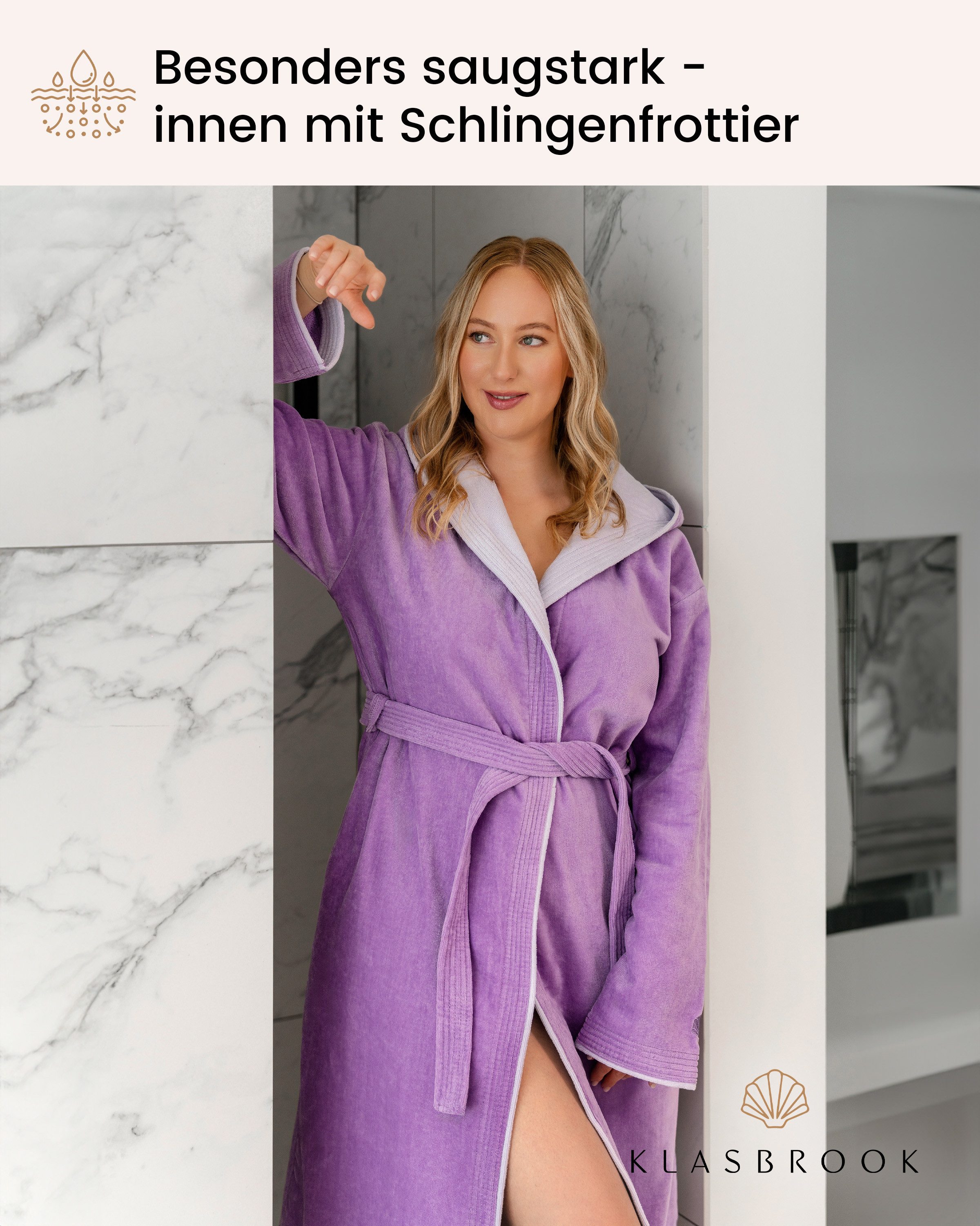KLASBROOK Damenbademantel Lina, Kapuze, mit Kapuze aus 100% Baumwolle, Tasche mit Reißverschluss, flauschig