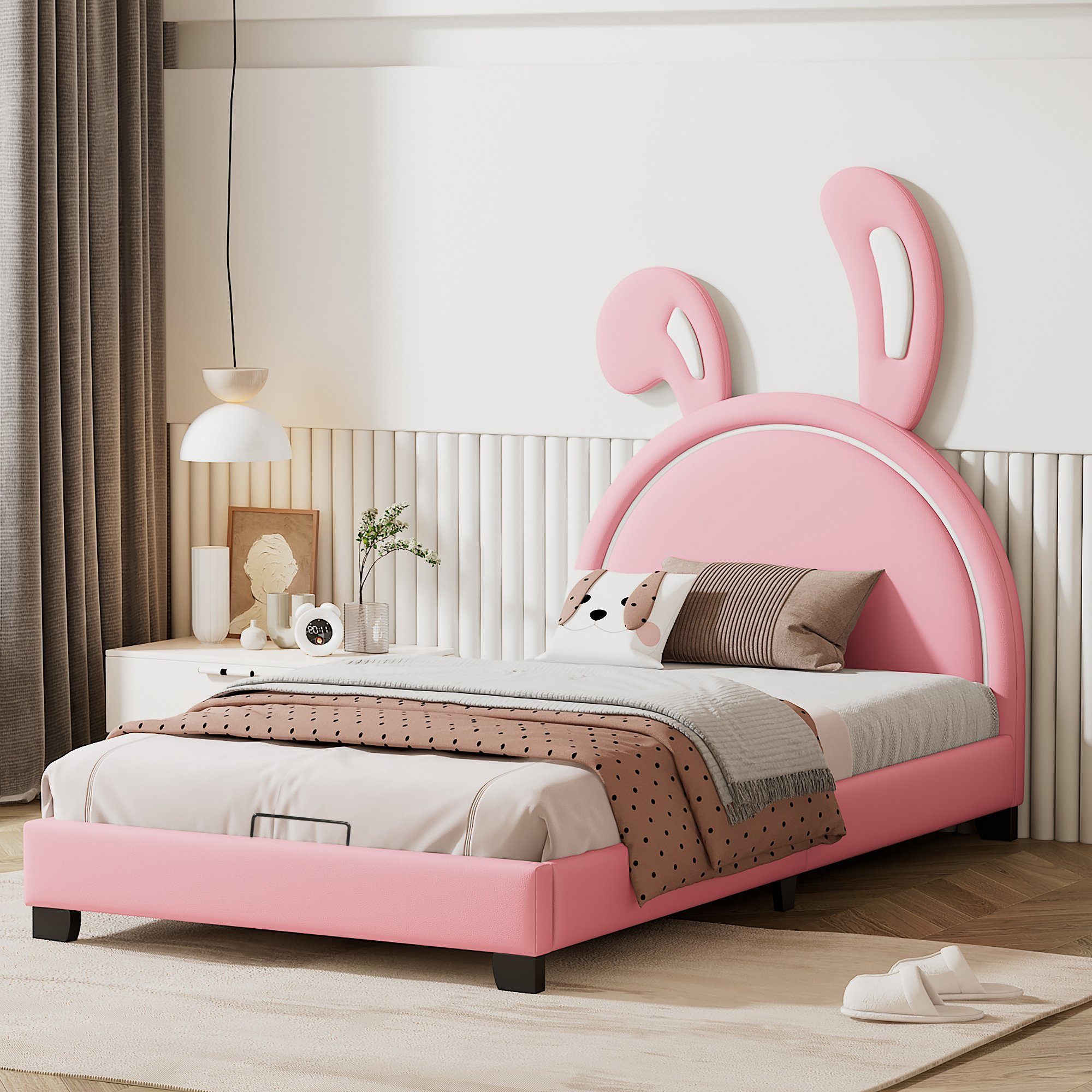 Merax Polsterbett Einzelbett 90x200cm, Hasenohr-Kopfteil und Lattenrost, Kinderbett aus Kunstleder Rosa | Rosa