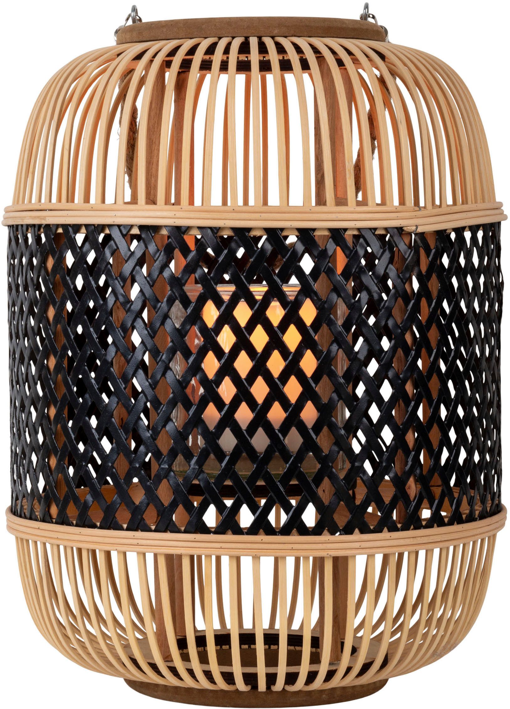 näve LED Dekolicht Korbinian, Tageslichtsensor, LED fest integriert, Warmweiß, Rattankorb natur/schwarz mit Griff inkl. Solarkerze mit Flammeneffekt