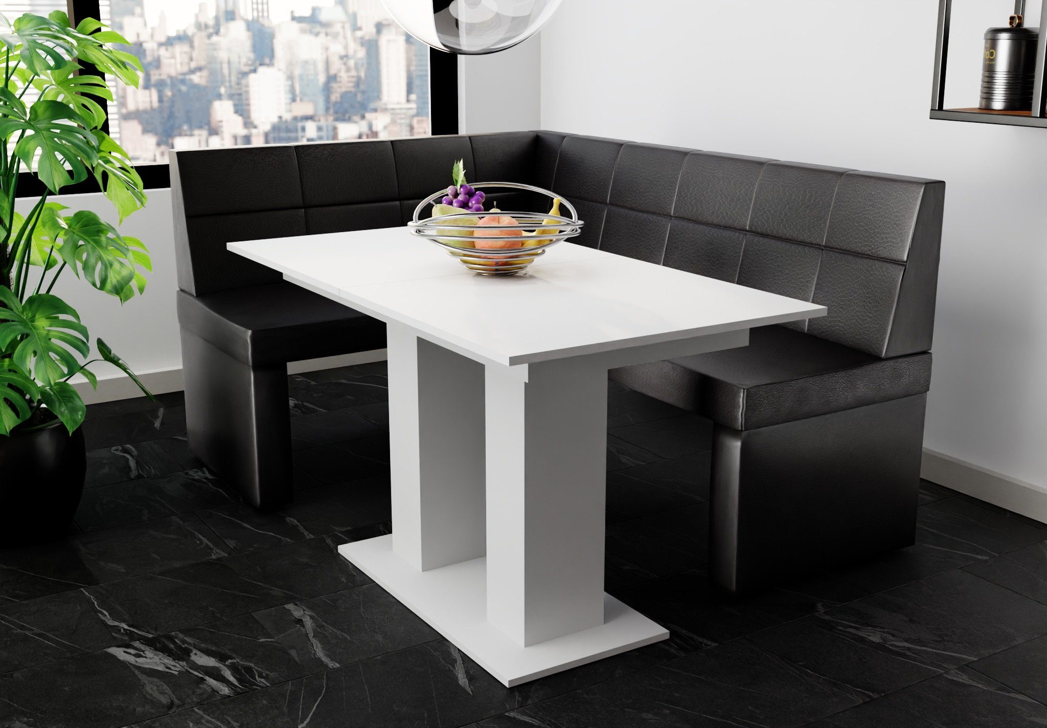 Fun Möbel Eckbankgruppe Eckbankgruppe „BLAKE XL“ Größe 196x142cm mit Tisch Weiß matt, ausziehbarer Tisch