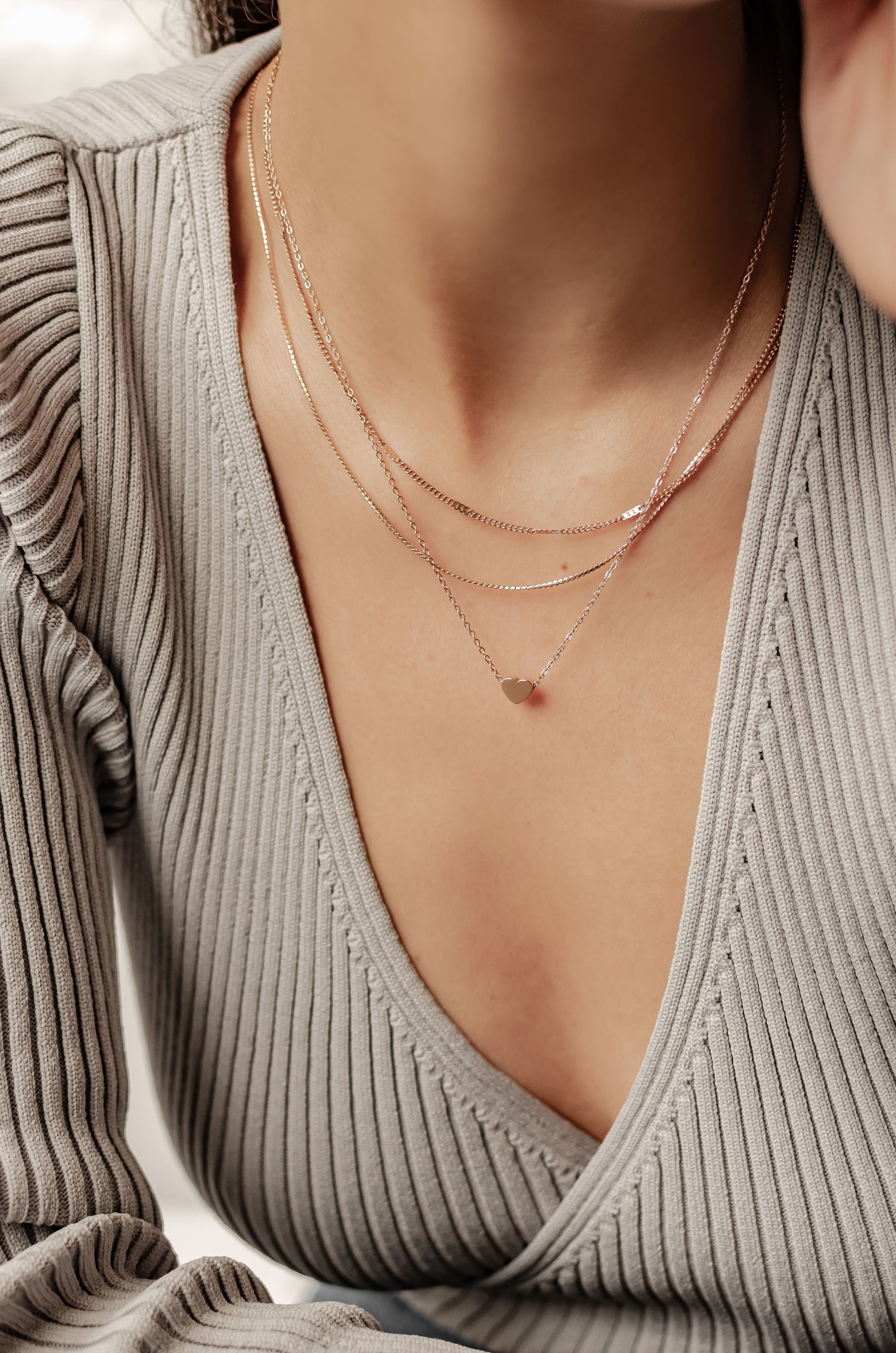 Hey Happiness Collierkettchen-Set Herz und Glieder Layer, Edelstahl vergoldet, Schlichte Damen Halsketten Love Sweetheart