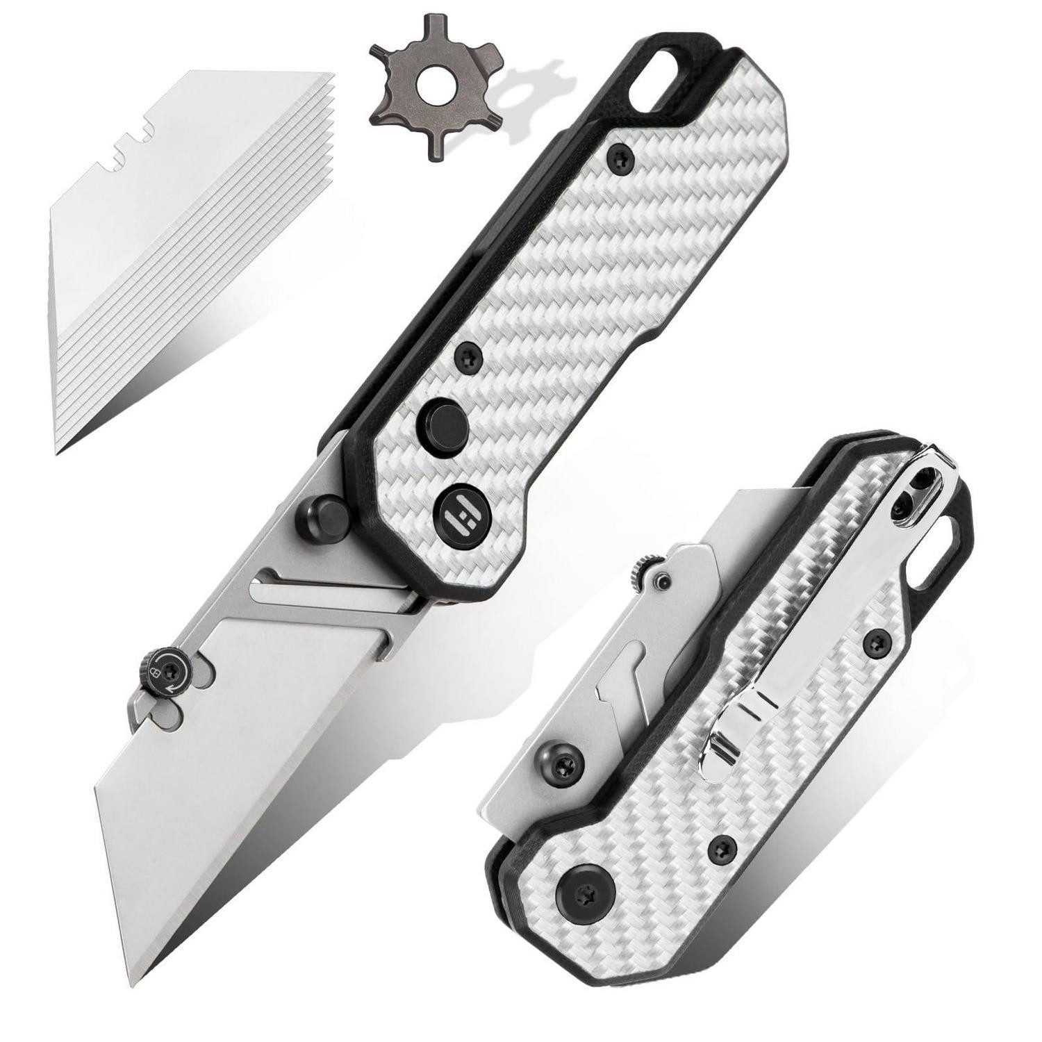 LuxusKollektion Cuttermesser Klappmesser G10/Kohlefaser Griff silber-weiß