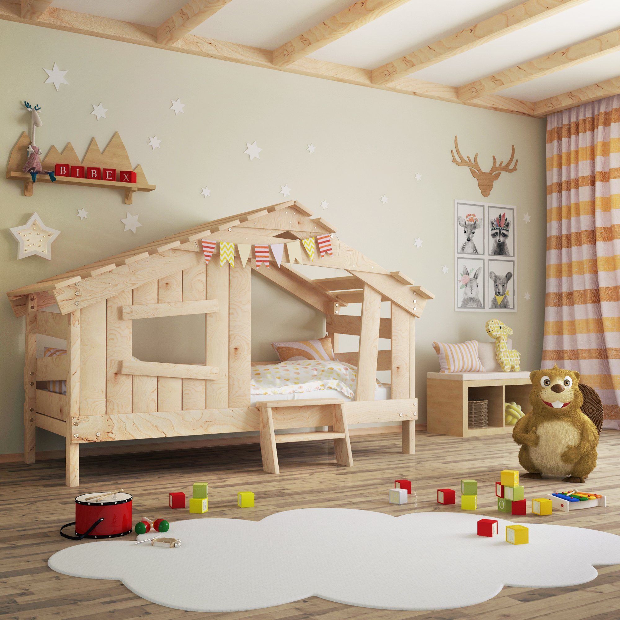 bibex Kinderbett APART CHALET Kinderbett, Jugendbett, Spielbett, naturbelassen